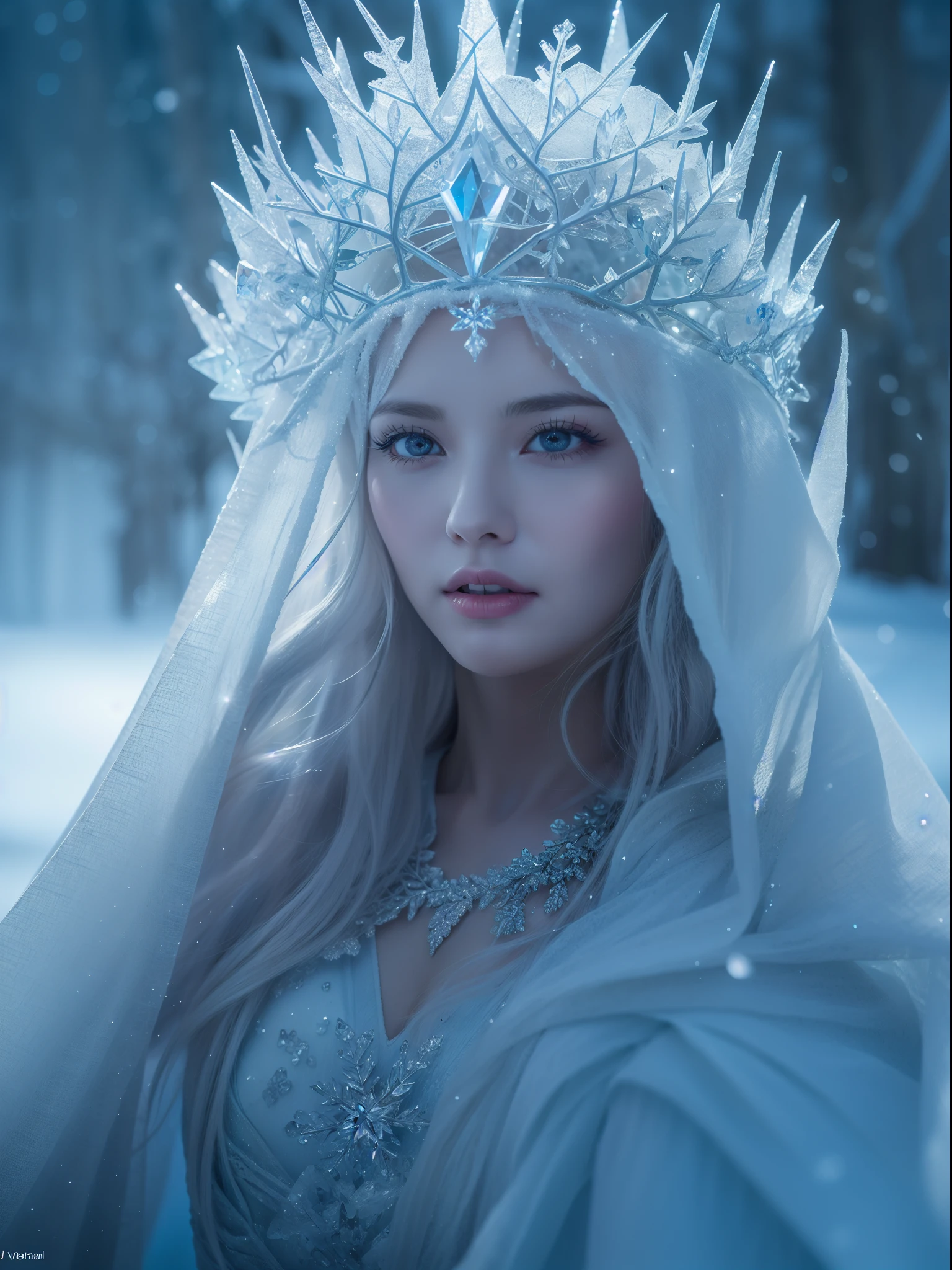(best quality,4k,8k,highres,masterpiece:1.2),ultra-detailed,(realistic,photorealistic,photo-realistic:1.37),ice rime witch style,icy blue,sparkling snowflakes,frozen landscape,gown made of ice shards,mystical aura,magical ice crystals reflecting light,sharp and piercing gaze,frost-covered eyelashes,elegant and ethereal figure,ice crown on the head,delicate frost patterns on the skin,cold breath visible,icy gusts of wind swirling around,glowing ice magic in the hands,frozen branches reaching out,long silver hair shimmering like ice,eerie and haunting atmosphere,dark and mysterious forest background,moonlight casting an enchanting glow,aurora borealis dancing across the sky,alluring and powerful presence,subtle hints of ancient magic,unearthly beauty,glacial magic swirling around,crystal-clear ice palace,isolated and magical winter realm,frozen rivers and lakes,icy crystals forming intricate patterns,hooded cape flowing in the wind,elegant and graceful movements,icy spikes forming a protective barrier,snow-covered footsteps leading to the unknown,deep blue eyes shining with wisdom and power,chilling yet mesmerizing persona.