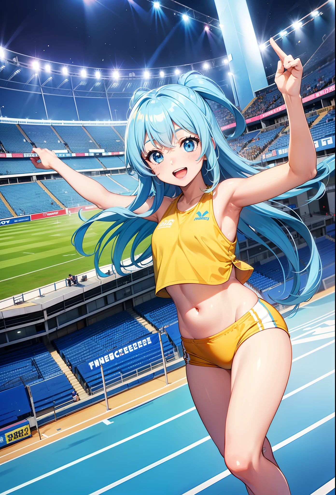 Super Idol、a beauty girl.(track and field). adorable smiling、Light blue long hair、Twin-tailed、(World Athletics).(Yellow and White Track Uniforms:1.2), Sleeveless, (spectator seats).(Photo Full Stadium).(Independent Track and Field Uniform).competition, Perfect hands, Show belly, Running。