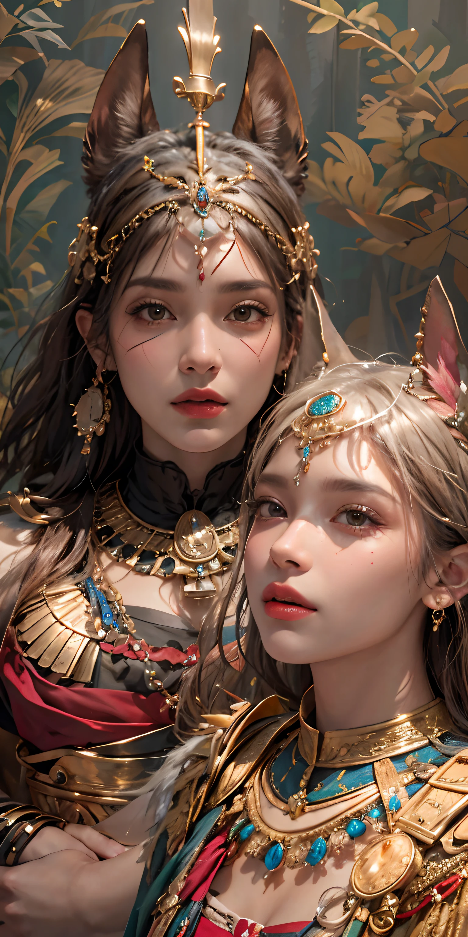 high-definition picture(best quality,alta resolução,Realistic:1.37), hyper-realistic,Belas Artes,pintura,soft lighting,ultra-detalhado,retrato,textura de pele realista,Emotivo,foco nítido,vivid colors,brilho dourado,sombras sutis,Anubis Idol Hat,joias ornamentadas,tatuagens brilhantes