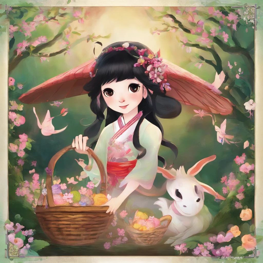 A Zhuang girl,Black hair,with a round face,largeeyes,The mouth smiles,Carry a basket full of fragrant cakes and flowers,Embarked on a journey to Oxhorn Mountain。
