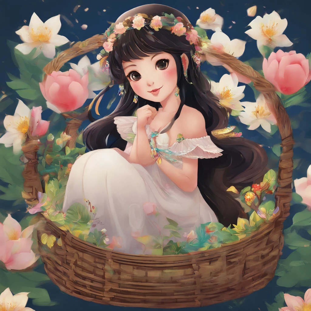 A Zhuang girl,Black hair,with a round face,largeeyes,The mouth smiles,Carry a basket full of fragrant cakes and flowers,Embarked on a journey to Oxhorn Mountain。