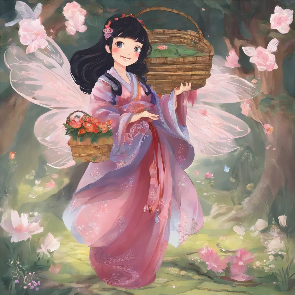 A Zhuang girl,Black hair,with a round face,largeeyes,The mouth smiles,Carry a basket full of fragrant cakes and flowers,Embarked on a journey to Oxhorn Mountain。