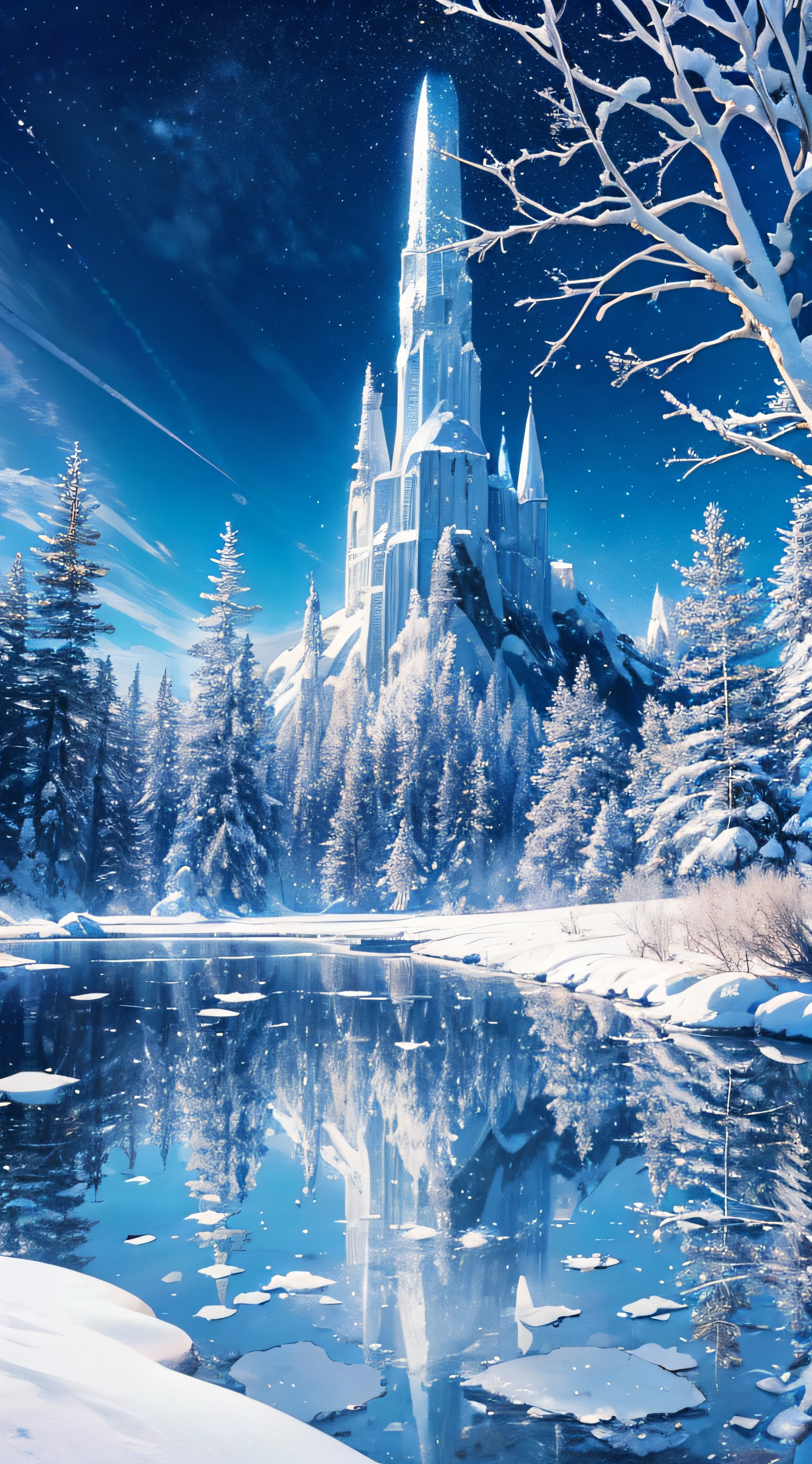 (Ultra-detailed winter landscape), snowy mountain, Frozen Waterfall, Frosted, Frozen Lake (sous), Frosted Trees, Sparkling Ice. frozen in time, Sparkling sun, brise froide, branches couvertes de givre, cristaux de glace, Serene atmosphere, palette de couleurs bleu et blanc, Soft, diffused light
