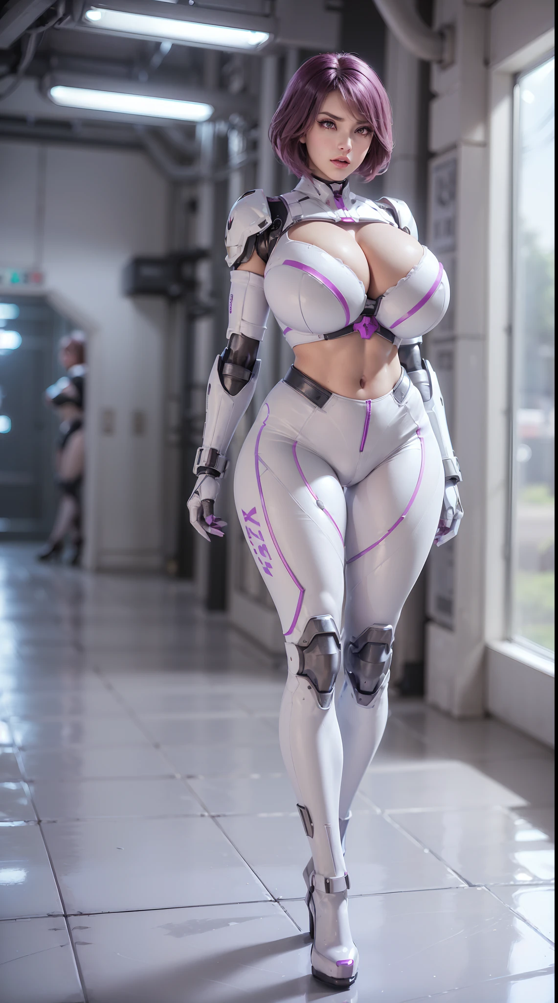 (1GIRL,SOLO:2), (super detailed face), ((BIG BUTTOCKS, HUGE FAKE BREASTS:1.5)), (CLEAVAGE TOP:1.5), (MUSCLE ABS FEMALE:1.4), (MECHA GUARD ARM:1.4), ((WEAR MAGENTA WHITE OVERWATCH MECHANICAL ARMOR CROP TOP, BLACK MECHANICAL SKINTIGHT SUIT PANTS, MECHA GUARD ARMOR LEGS, HIGH HEELS:1.5)), (NSFW LEWD VOLUPTUOUS BODY:1.3), (GLOSSY SKIN:0.8), (LONG LEGS, FULL BODY:1.1), (LOOKING AT VIEWER:1.3), (female focus:0.886), (WALKING DOWN HALLWAY OF FUTURISTIC SPACE STATION:1), (BRIGHT LIGHT WHITE_ROOM:1.3), SUPER TEXTURE, UNREAL ENGINE RENDER, PHYSICALLY-BASED RENDERING, ULTRA HIGHT DEFINITION, 16K, 1080P.