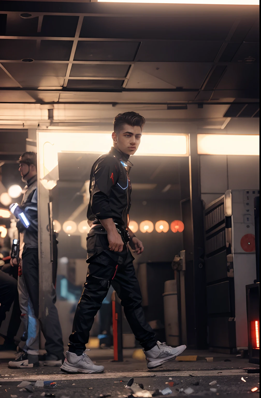 change background cyberpunk handsome boy,realistic face,8k, ultra realistic