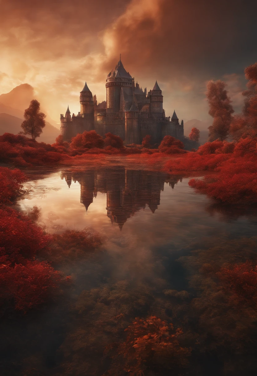 Background: Mysterious outer space, Floating mountains, avatar landscape, Water channels, Hallelujah Hill, (Giant castle floating in the air: 1.5), (Reflection: 1.2), amazing alien landscape, floating and flying island, Land floating in the clouds, Alien landscape, Movie dystopia, Epic matte painting, alien mountains, environment concept art, Movie dystopia, Red sun in the sky, Epic red, Distant cyberpunk city, Moon, (Banshee of Avatar: 0.8), Flower fantasy futuristic city, Dutch Golden Age painting, Fuji colors, Shining, Blurry, fading border, partial underwater shot, Masterpiece, 8K, In a red dream, A beautiful artwork illustration, forest, matte painting in fantasy style, Cubist futurism, cubismo, romanticism lain, surrealism, Cinematic lighting, Divine light, Fuji colors, Sparkling, in a panoramic view, Perspective overlook, vanishing point, Sony FE GM, 8K, a romantic couple looking far away