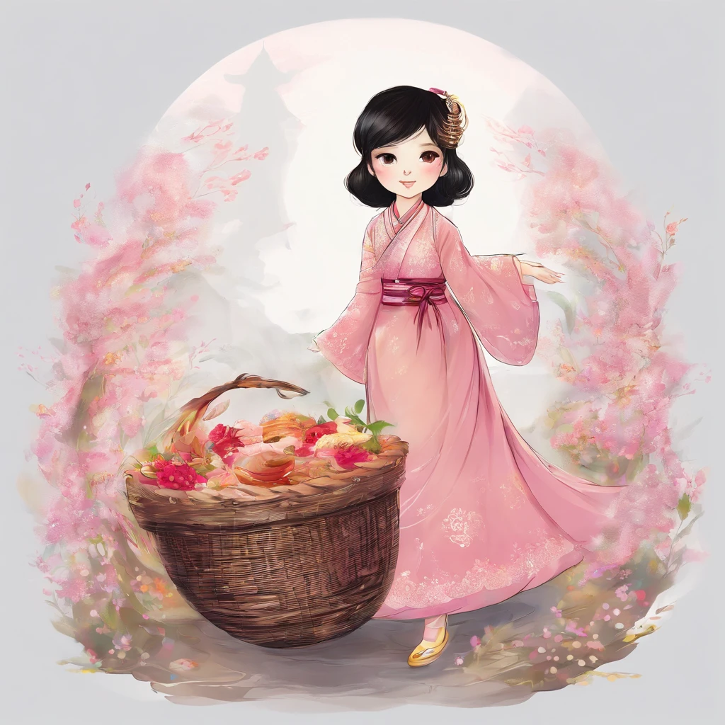 A Zhuang girl,Black hair,with a round face,largeeyes,The mouth smiles,Carry a basket full of fragrant cakes and flowers,Embarked on a journey to Oxhorn Mountain。