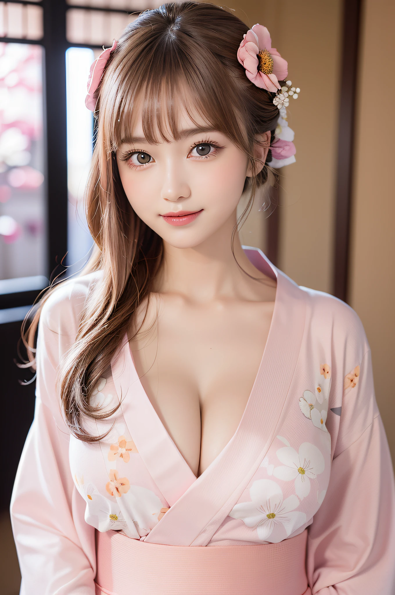 (1young girl), Extremely cute face, Amazing face and eyes, (Highly detailed eyes, Highly detailed face), fresh, Very clean appearance, (Hyper-realistic, hight resolution), (Best Quality:1.4), Raw photo, (Realistic, Photorealsitic:1.37), Professional Photography, (light pink floral pattern yukata:1.5), (Open yukata), (cleavage:1.2), (Bare shoulders), Smile slightly, (Staring at me), Bedroom, girl portrait,