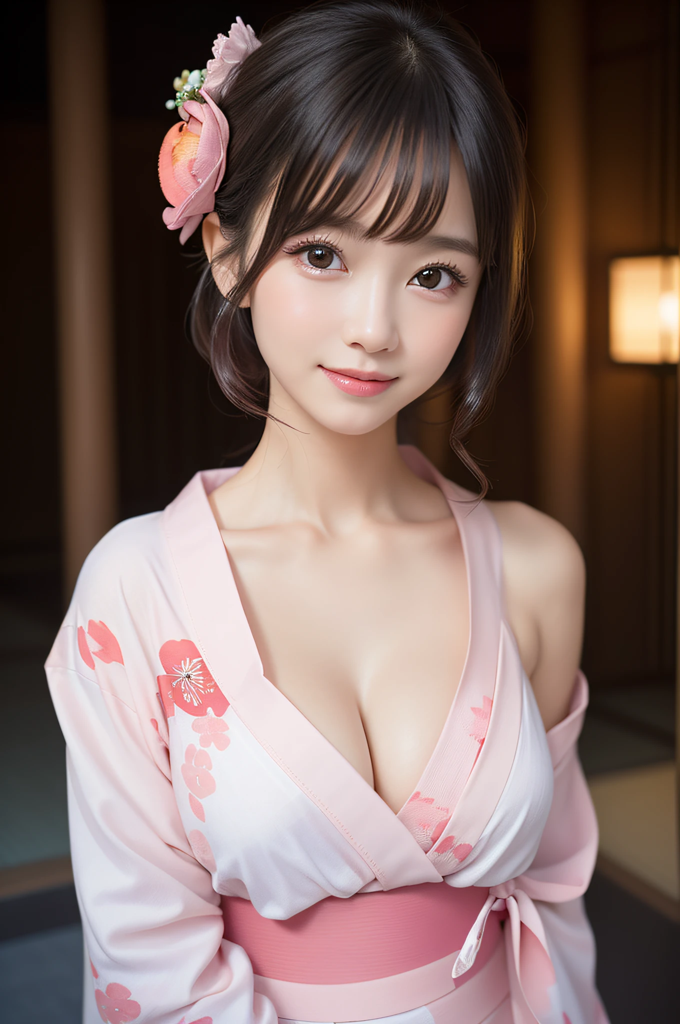 (1ung girl), Extremely cute face, Amazing face and eyes, (Highly detailed eyes, Highly detailed face), fresh, Very clean appearance, (Hyper-realistic, hight resolution), (Best Quality:1.4), Raw photo, (Realistic, Photorealsitic:1.37), Professional Photography, (light pink floral pattern yukata:1.5), (Open yukata), (cleavage:1.2), (Bare shoulders), Smile slightly, (Staring at me), Bedroom, girl portrait,