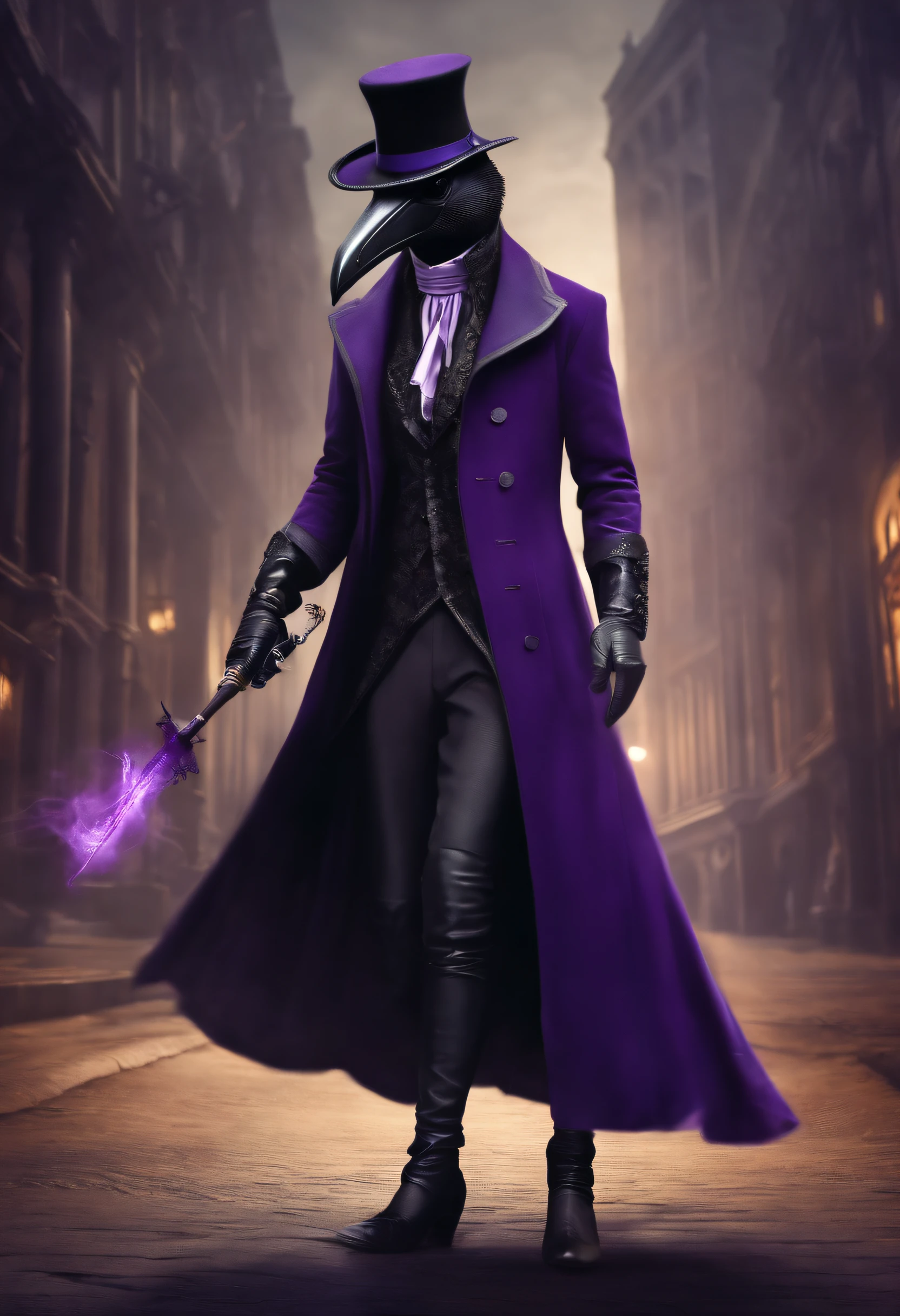 male plague doctor with purple goggles, cartoon, the long coat like dress has leg cuts, revealed legs with lace straps and fishnets, wearing black stilettos, high quality image 20 year old