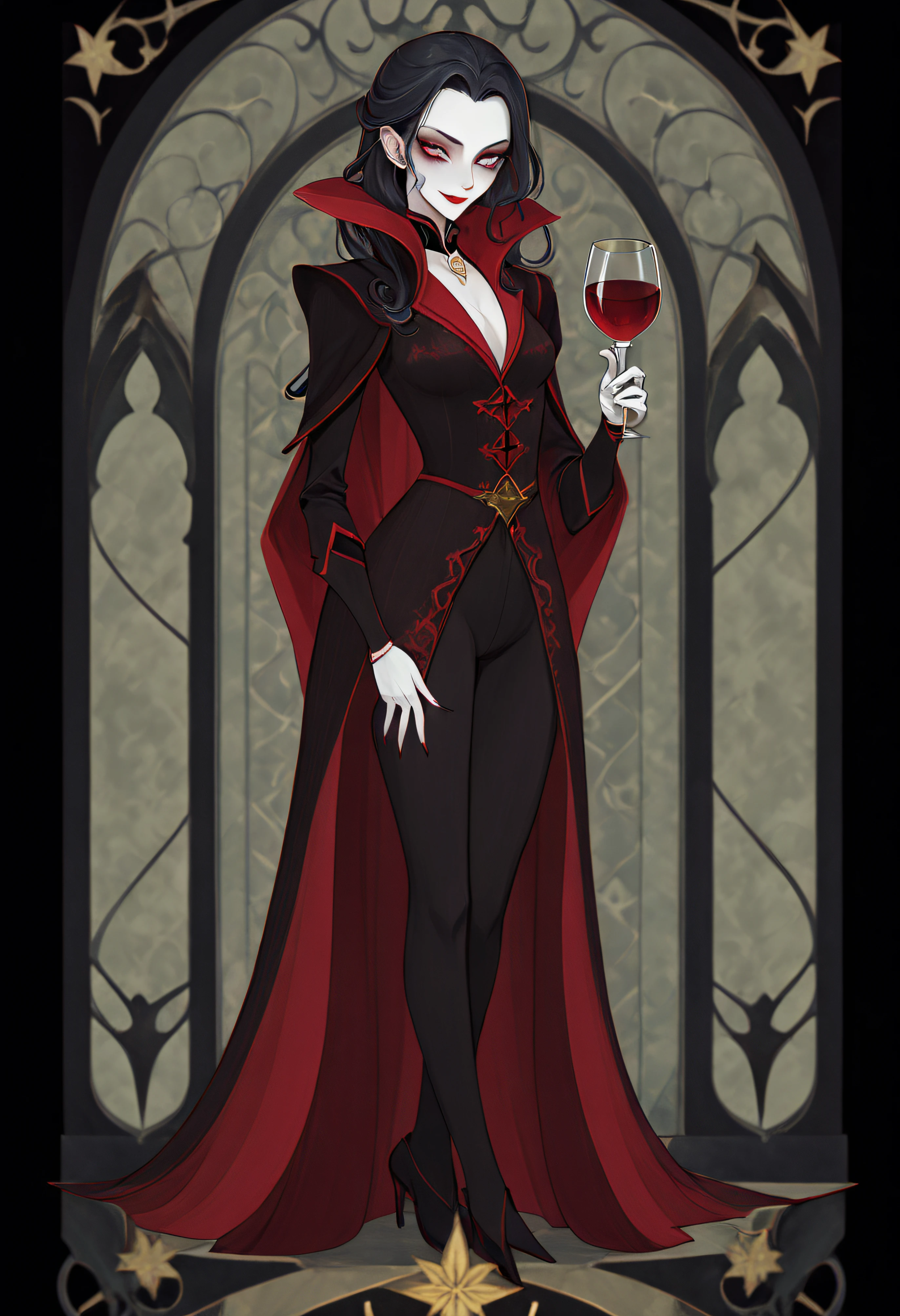 1 rapariga, The vampire holds a glass of wine, Medieval aristocratic costumes, Full body standing painting, (((独奏))), Clear facial features, Simple line design, ((tarot card background, symmetric beauty)), perfectly symmetrical, The art of symmetry, Standing drawings of characters, ((flatcolors)), tmasterpiece，top Quority，best qualtiy，超高分辨率, ((Clear facial features，beautidful eyes，beauitful face, Exquisite facial features))