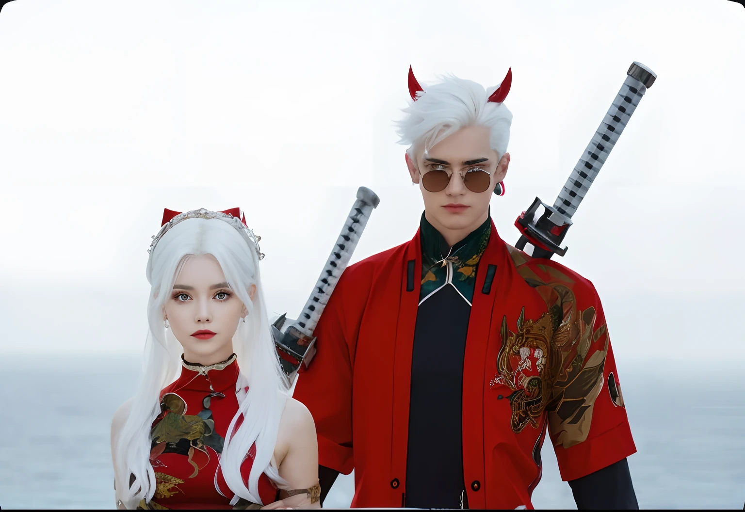 white hair girl and red shirt with white hair guys red shirt togather