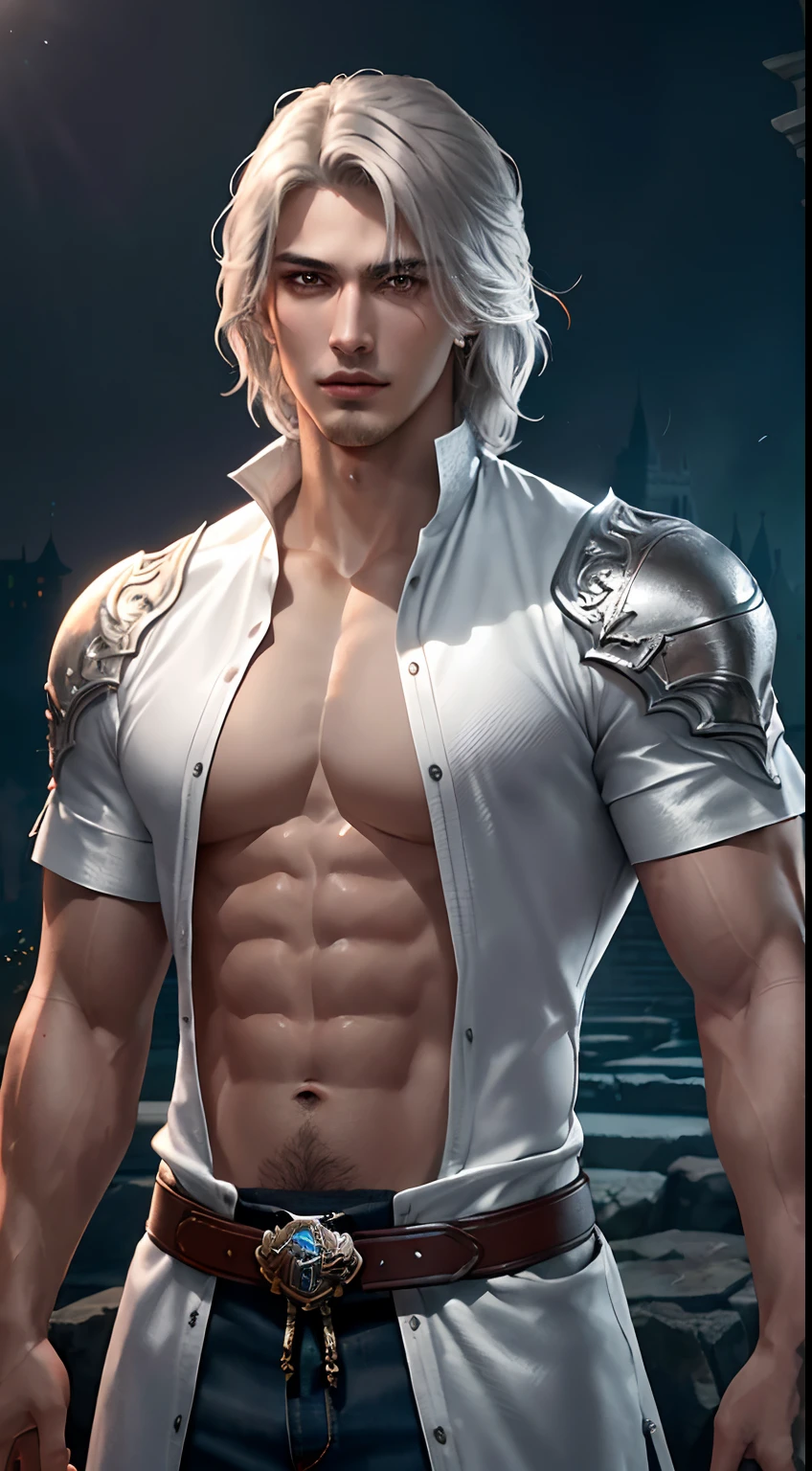 One good looking guy,27-year-old man,Strong body、,Castlevania,Silvery hair、short-haired、messy hair style、,tall,fairly muscular,Ultra brown skin,Best Quality,masutepiece,超A high resolution,(photographrealistic:1.4),(depth of fields),Realistic , Professional Lighting, Physically-based rendering