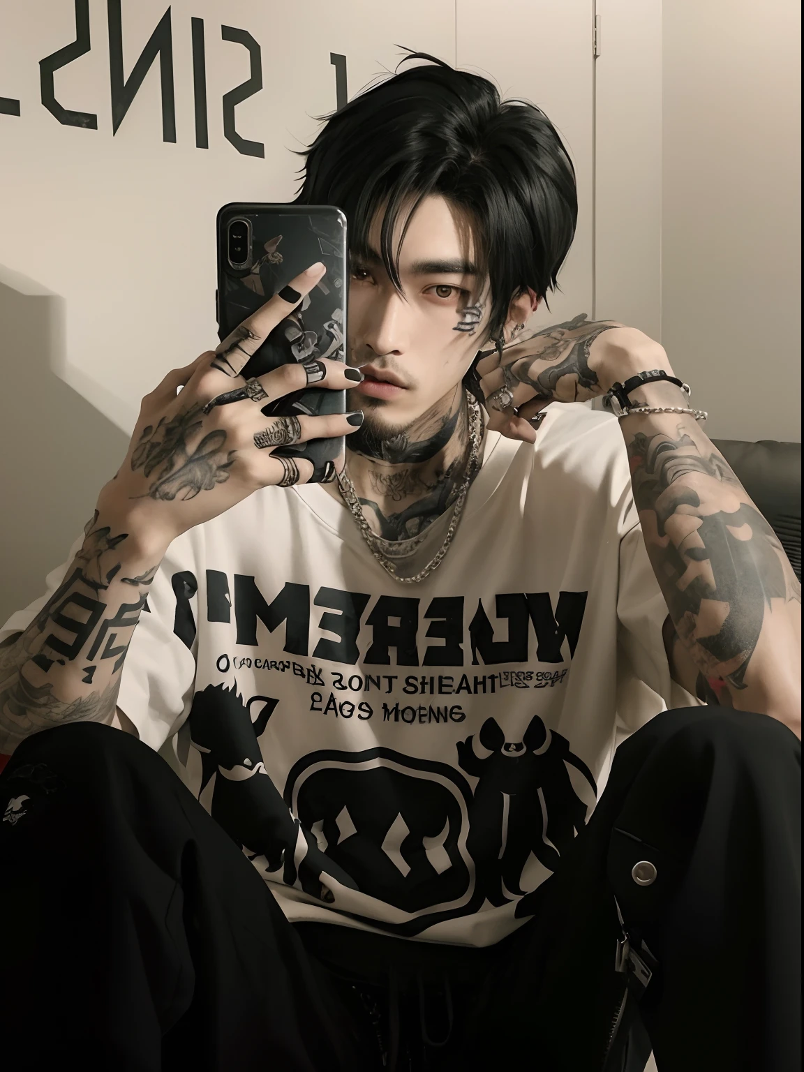 arafed man with a tattoo on his arm taking a selfie, Ulzzang macho, Cai Xukun, trending on r/streetwear, handsome japanese demon boy, japanese streetwear, moda streetwear, usando streetwear cyberpunk, Lil Peep, grunge aesthetic, Sul Coreano Masculino, hypebeast, jinyoung shin aesthetic, androgynous, Estilo de Seb McKinnon, androgynous person