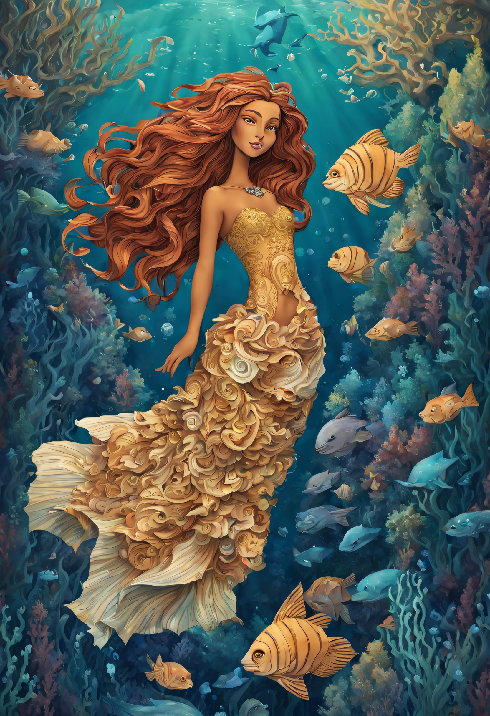 sea-maiden, mufasa, paper art,In the deep depths of the ocean, there is a beautiful kingdom, where many fun sea creatures live