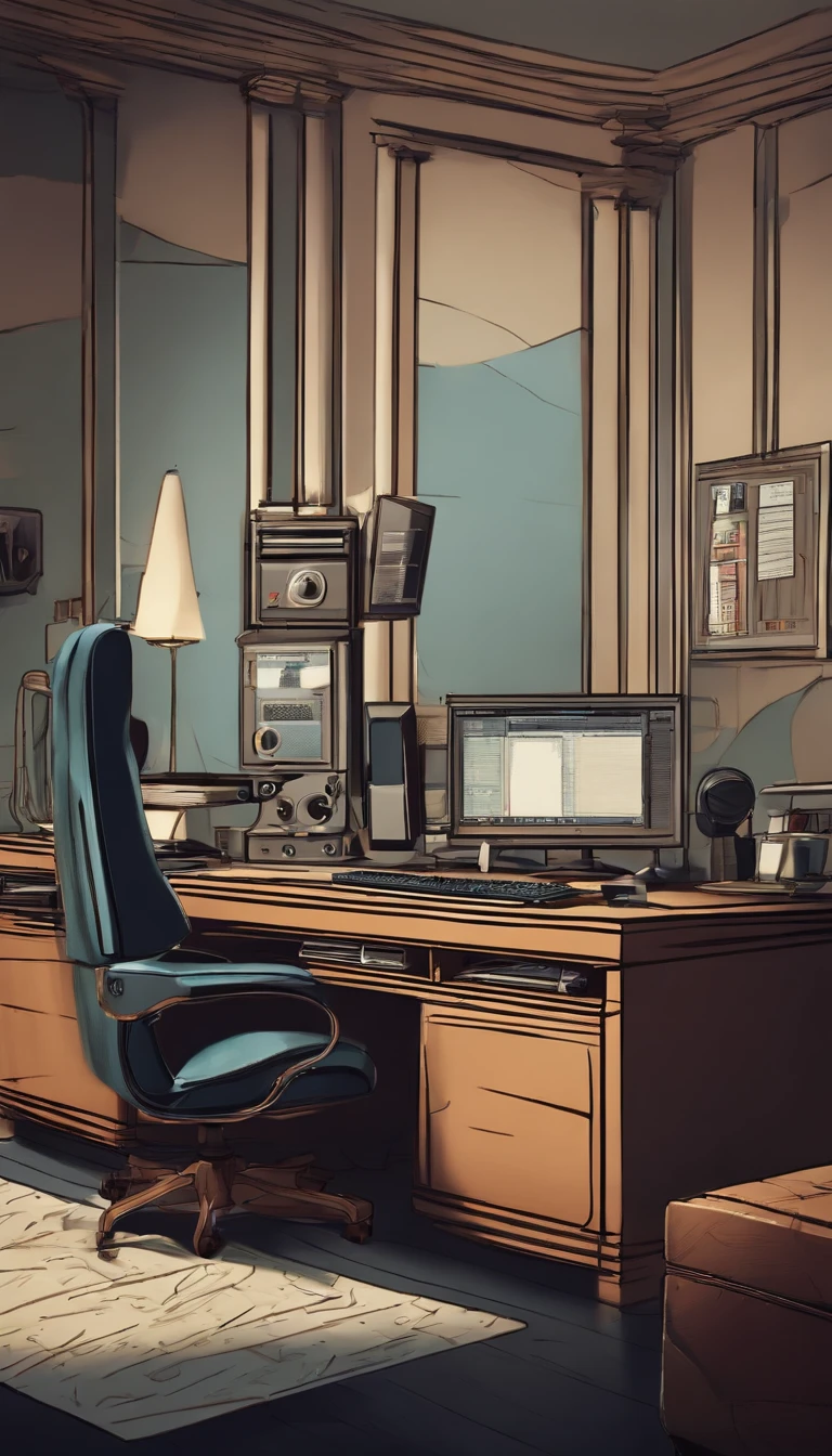 cartoon high tech room with desk and computer in the middle high resolution best quality