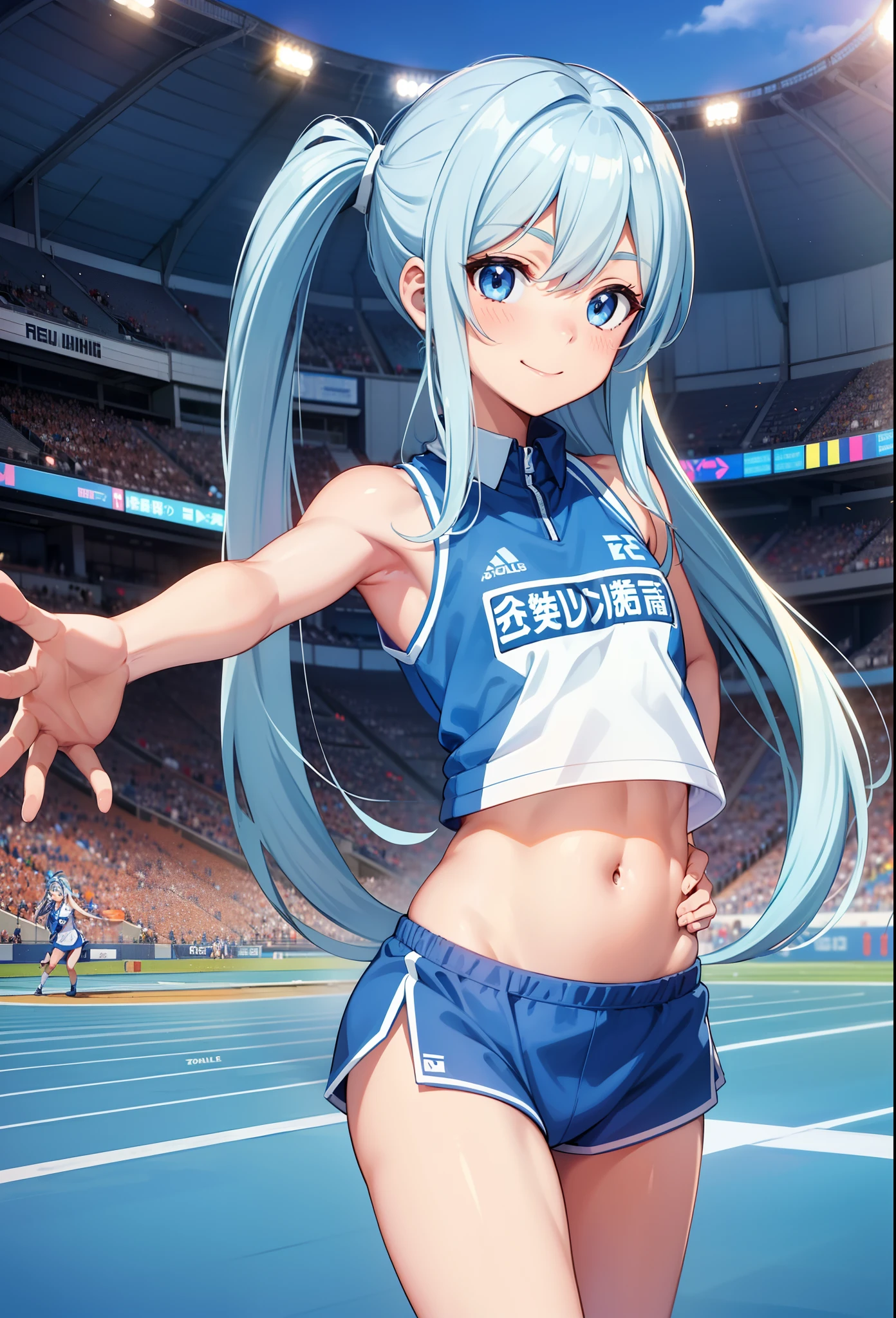 femele.(track and field). Light blue long hair、Twin-tailed、(World Athletics).(White Track Uniform:1.2), Sleeveless, (spectator seats).(Packed stadium).(Independent athletics uniform).competition, Perfect hands, Thigh gap, Show belly, Running