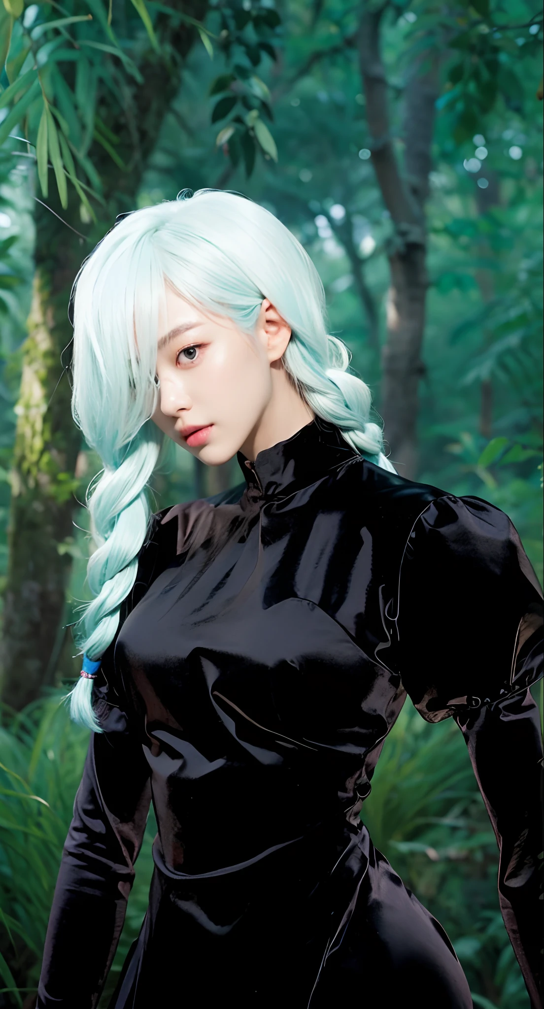 Real life adaption of this character, Korean teen beauty face,looking to viewer,realistic same light blue Hair in braids,realistic jungle with many grass background, hyper realistic, realistic light, realistic shadow, realism,(photorealistic:1.2), (realistic same outfit),
