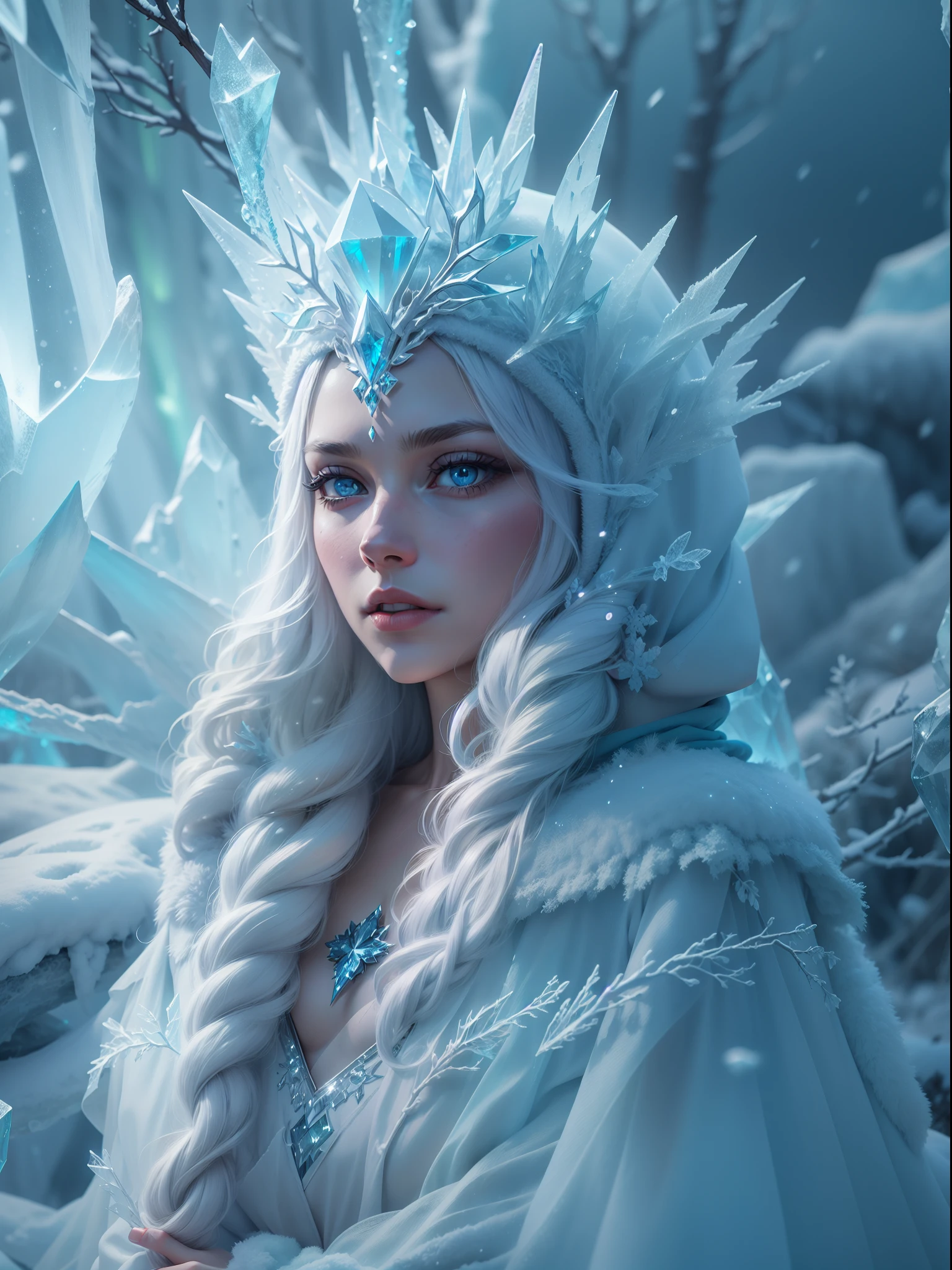 (best quality,4k,8k,highres,masterpiece:1.2),ultra-detailed,(realistic,photorealistic,photo-realistic:1.37),ice rime witch style,icy blue,sparkling snowflakes,frozen landscape,gown made of ice shards,mystical aura,magical ice crystals reflecting light,sharp and piercing gaze,frost-covered eyelashes,elegant and ethereal figure,ice crown on the head,delicate frost patterns on the skin,cold breath visible,icy gusts of wind swirling around,glowing ice magic in the hands,frozen branches reaching out,long silver hair shimmering like ice,eerie and haunting atmosphere,dark and mysterious forest background,moonlight casting an enchanting glow,aurora borealis dancing across the sky,alluring and powerful presence,subtle hints of ancient magic,unearthly beauty,glacial magic swirling around,crystal-clear ice palace,isolated and magical winter realm,frozen rivers and lakes,icy crystals forming intricate patterns,hooded cape flowing in the wind,elegant and graceful movements,icy spikes forming a protective barrier,snow-covered footsteps leading to the unknown,deep blue eyes shining with wisdom and power,chilling yet mesmerizing persona.
