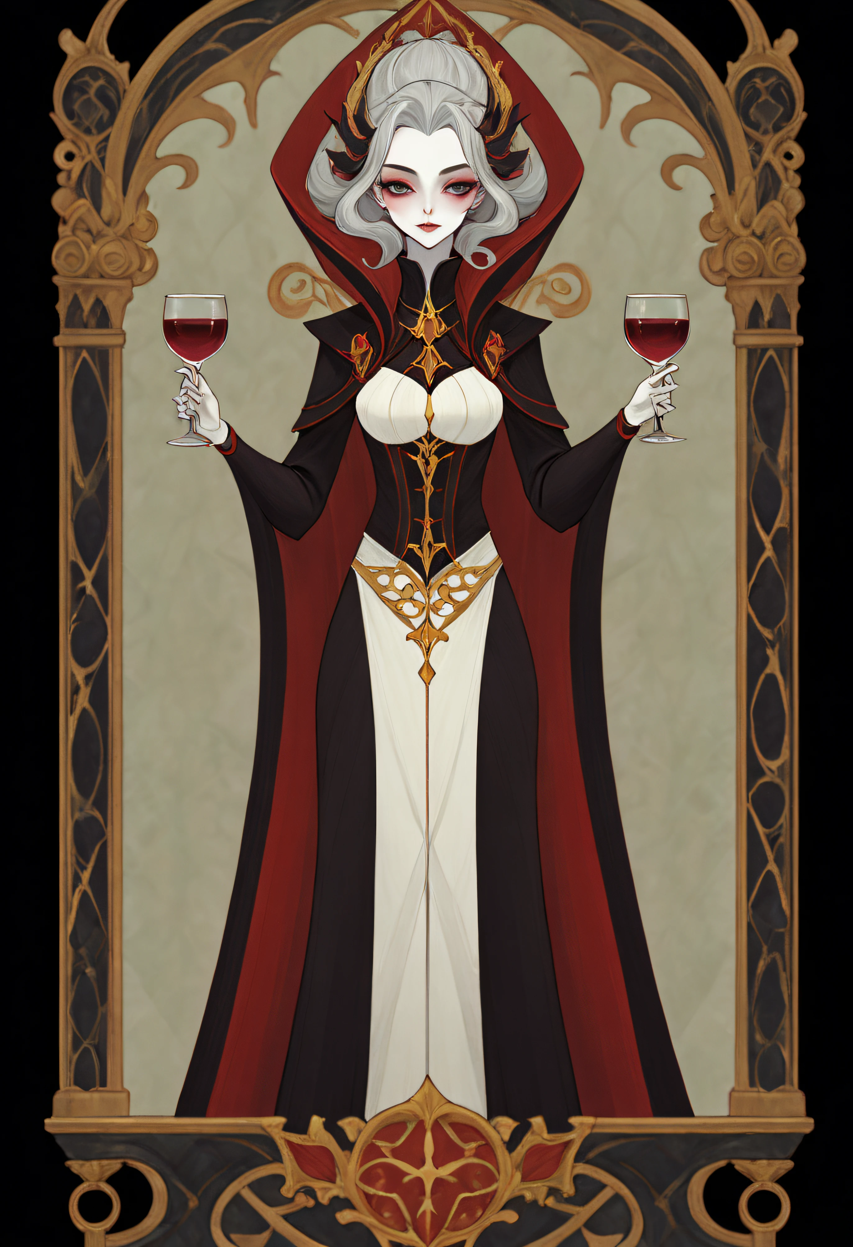 1 rapariga, The vampire holds a glass of wine, Medieval aristocratic costumes, Full body standing painting, (((独奏))), Clear facial features, Simple line design, ((tarot card background, symmetric beauty)), perfectly symmetrical, The art of symmetry, Standing drawings of characters, ((flatcolors)), tmasterpiece，top Quority，best qualtiy，超高分辨率, ((Clear facial features，beautidful eyes，beauitful face, Exquisite facial features))