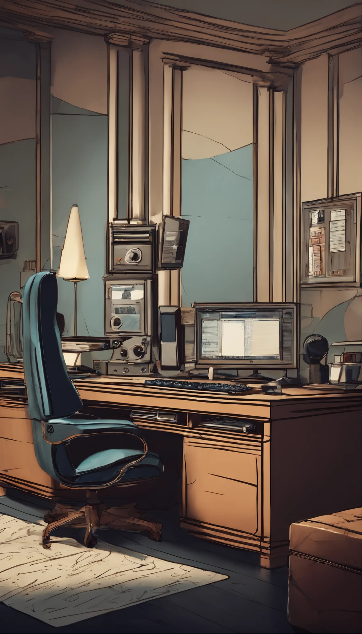 cartoon high tech room with desk and computer in the middle high resolution best quality