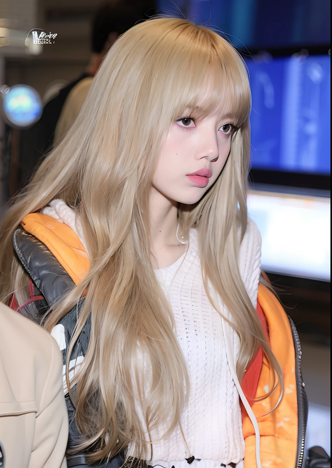 Un primer plano de una persona con cabello largo y una chaqueta, Lalisa Manobal, Lalisa Manoban de Blackpink, Parque Roseanne de Blackpink, Jossi de Blackpink, con flequillo, Cabello largo y blanco y flequillo, Cabello largo con flequillo completo, con flequillo completo, Pelo largo con flequillo, Su cabello es blanco, Cabello largo y rubio y ojos grandes