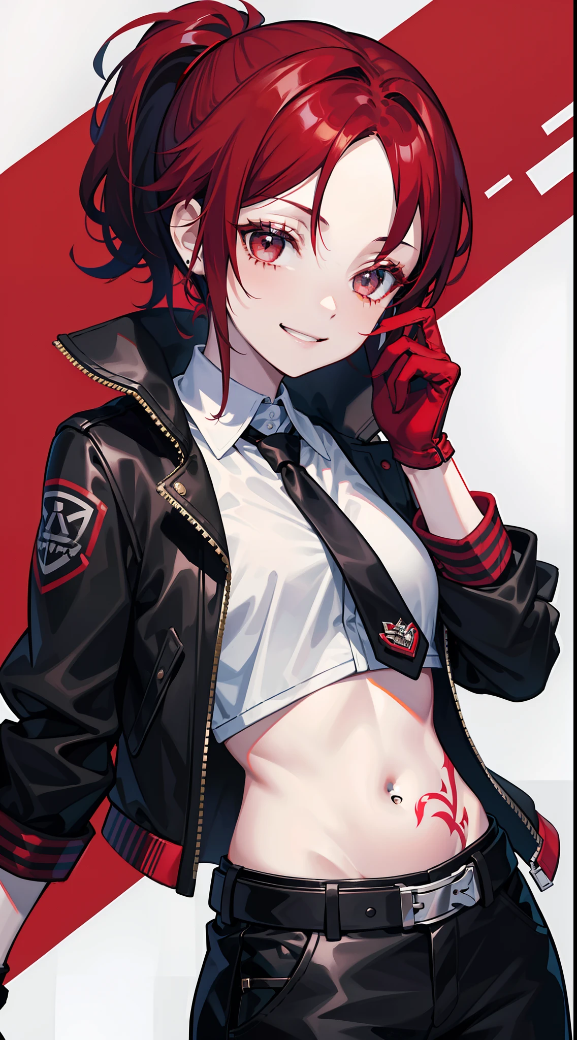 young girl, Short black and red hair, high ponytail, gray eyes, Smile, open belly, black trousers, red jacket, tie, belts, fetters, Tatoo, iron gloves, face tattoos, Masterpiece, hiquality, 4k, HD, Good detail
