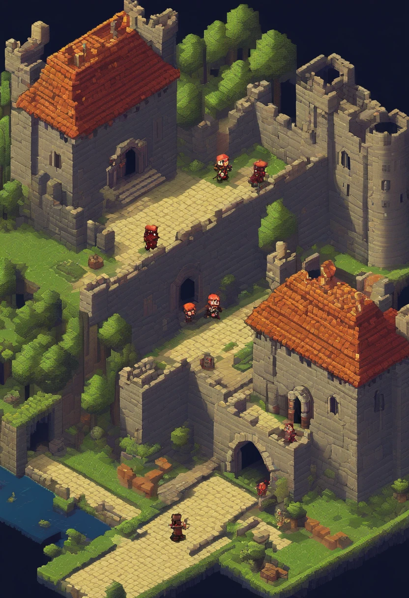 cavalier, Demons, Two monsters, cross-section,illustration, Details of the interior of the castle, Gloomy atmosphere, Middle Ages style, Dim lighting, Stone walls, Spooky shadows, Mystical Artifacts, Combat posture, Intense action, Fierce expression, Menacing claws, Sharp teeth, Menacing presence, Ominous feeling, High-quality rendering, Super detailed characters, Realistic textures, dark palette, Dramatic lighting，Game levels，Plus text