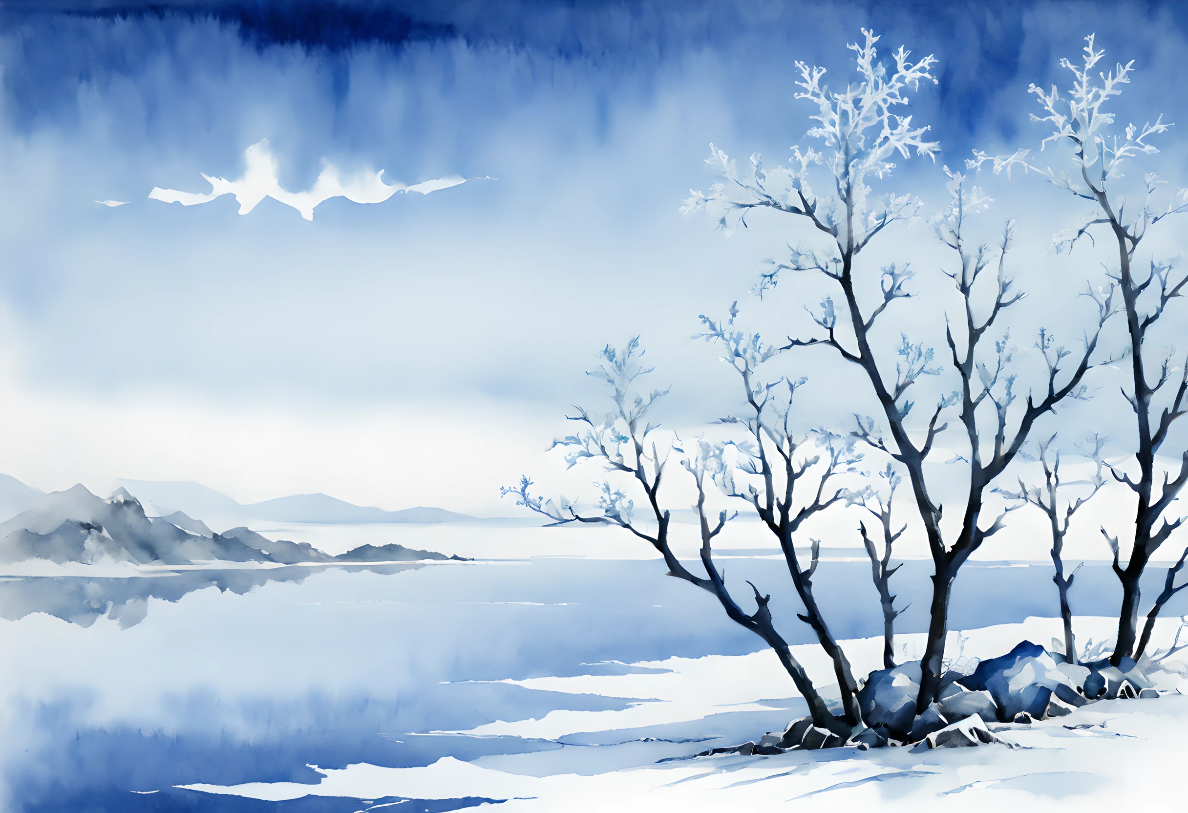 (ink and watercolor painting:1.5), (Landscape painting:1.5), (Tasteful:1.5), (lake:1.5), (tree:1.5), (ink and watercolor painting:1.5), (Chinese style:1.5), (rime ice:1.5), (rime ice:1.5), (ice crystals:1.5), (rime ice covered the trees:1.5), (frozen tree:1.5), (frozen lake:1.5), (white rime ice and blue sky morning theme:1.5), (hokkaido:1.5),