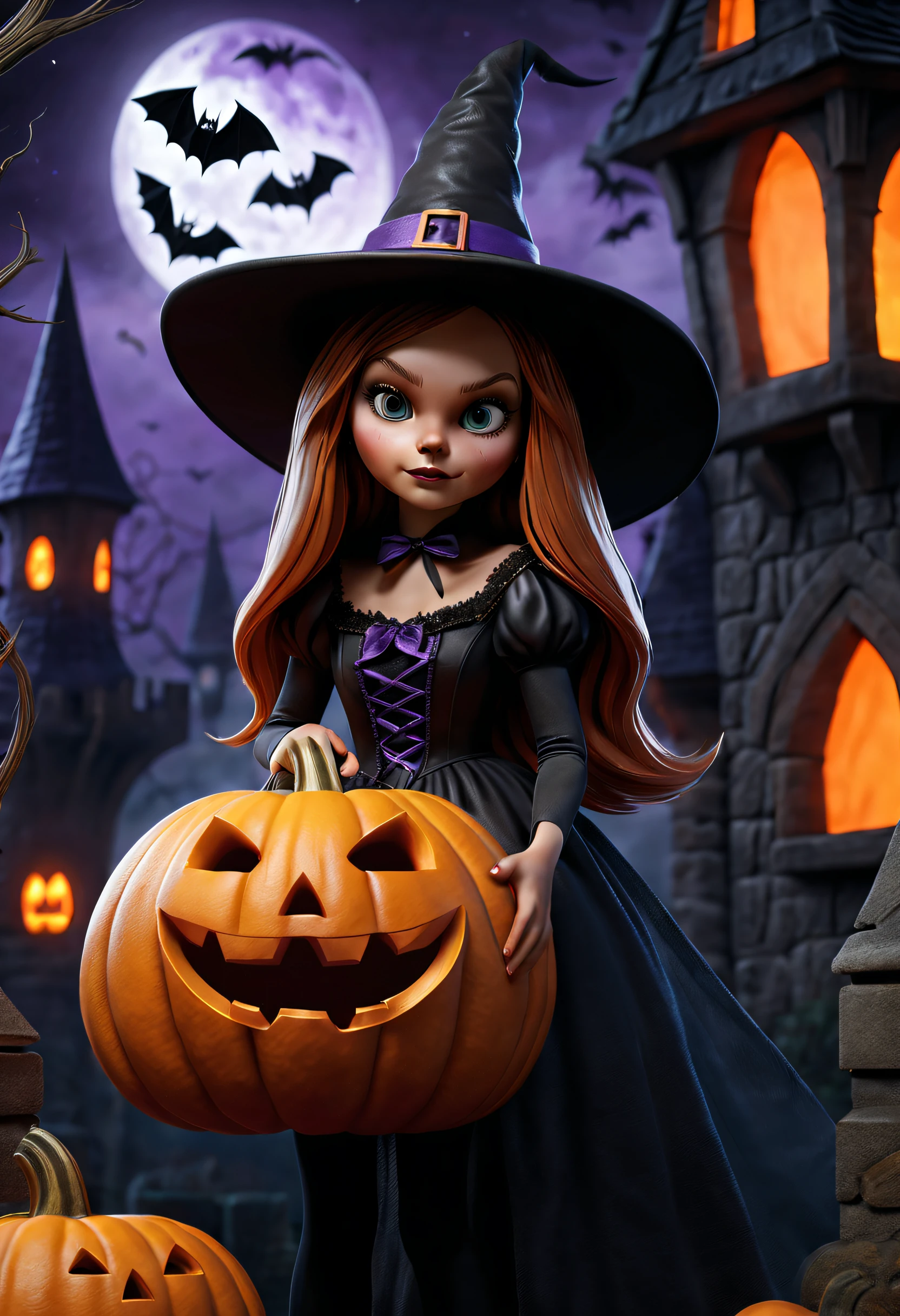 (best quality,4k,8k,highres,masterpiece:1.2),ultra-detailed,(realistic,photorealistic,photo-realistic:1.37),A girl in a Halloween-themed castle,carving a large pumpkin in the shape of a witch hat,bats flying around the castle, castingspooky shadows,haunting atmosphere,decorated with cobwebs and flickering candlelight,the girl wearing a witch costume with a pointed hat and a broomstick,spooky moonlit night,black cats sneaking around,orange and purple color scheme,illuminated jack-o'-lanterns lining the castle walls,mysterious mist floating around the scene.