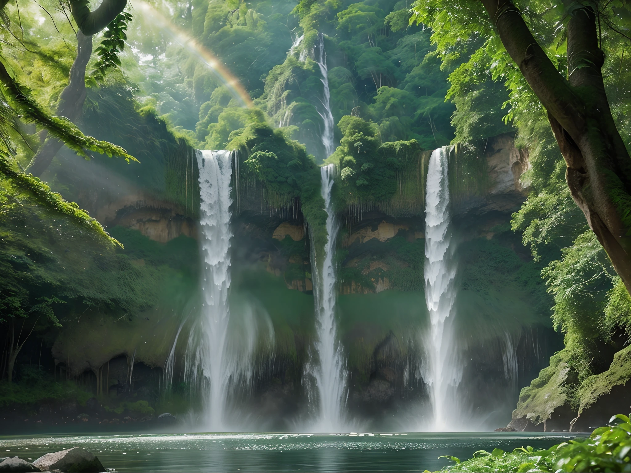 In a setting rich with vibrant greenery, the majestic waterfalls cascade gracefully, their tranquil flow embraced by the lush surroundings. Captured in a mesmerizing photograph, the image captures the awe-inspiring beauty of the scene. The water tumbles down with an enchanting force, creating a symphony of sounds that harmonizes with the verdant foliage. The sunlight dances upon the spraying mist, creating a stunning display of shimmering rainbows that add an ethereal touch to the picture. This breathtaking image emanates a sense of tranquility and magnificence, inviting viewers to immerse themselves in the sublime wonders of nature.