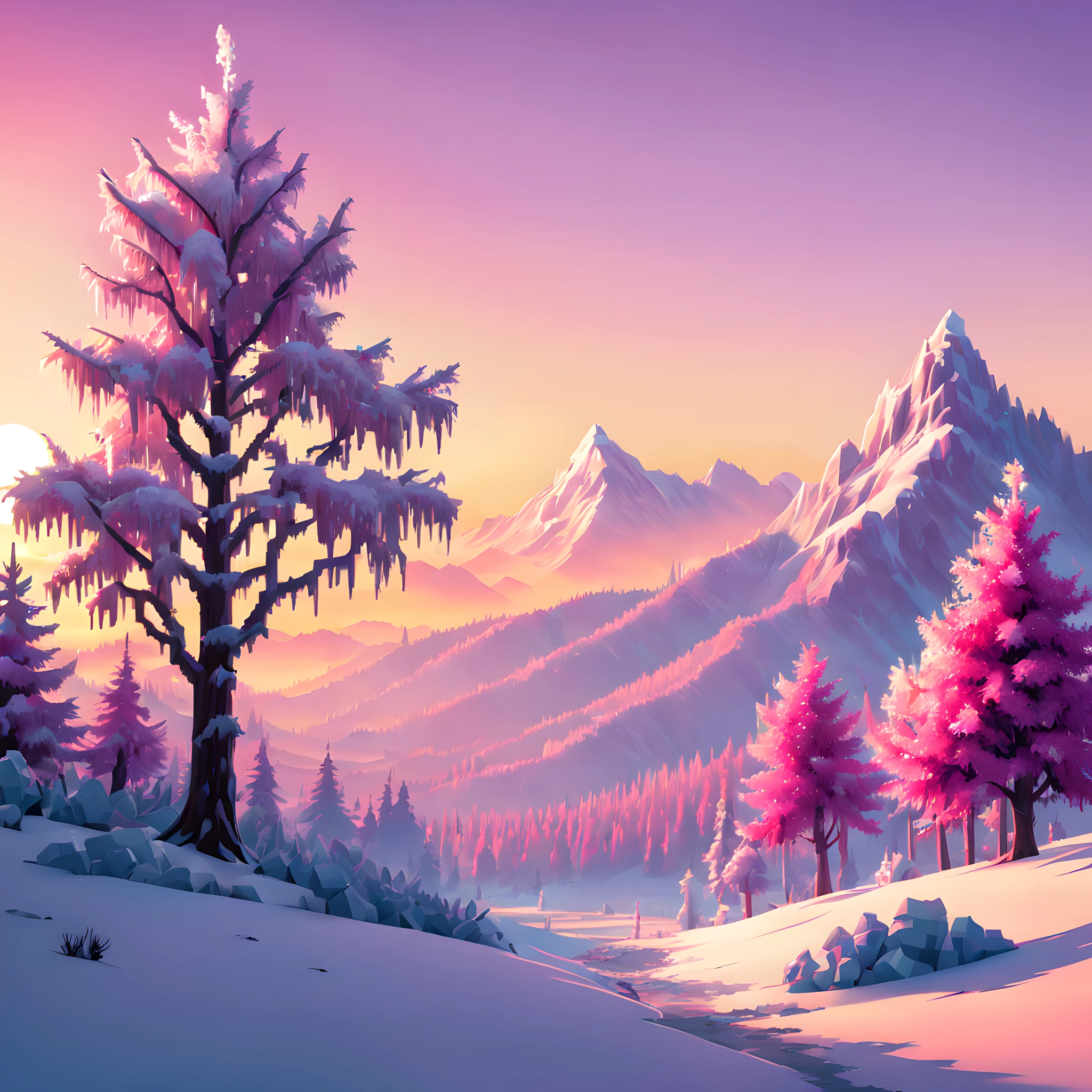 (Pixel art:1.5), (Rime Ice;1.3), (frozen trees:1.3), (alpine zone:1.3), (rime ice covered trees along skyline:1.3), (rime ice and snow:1.5), (sunrise:1.5),(sunrise magenta light:1.3),