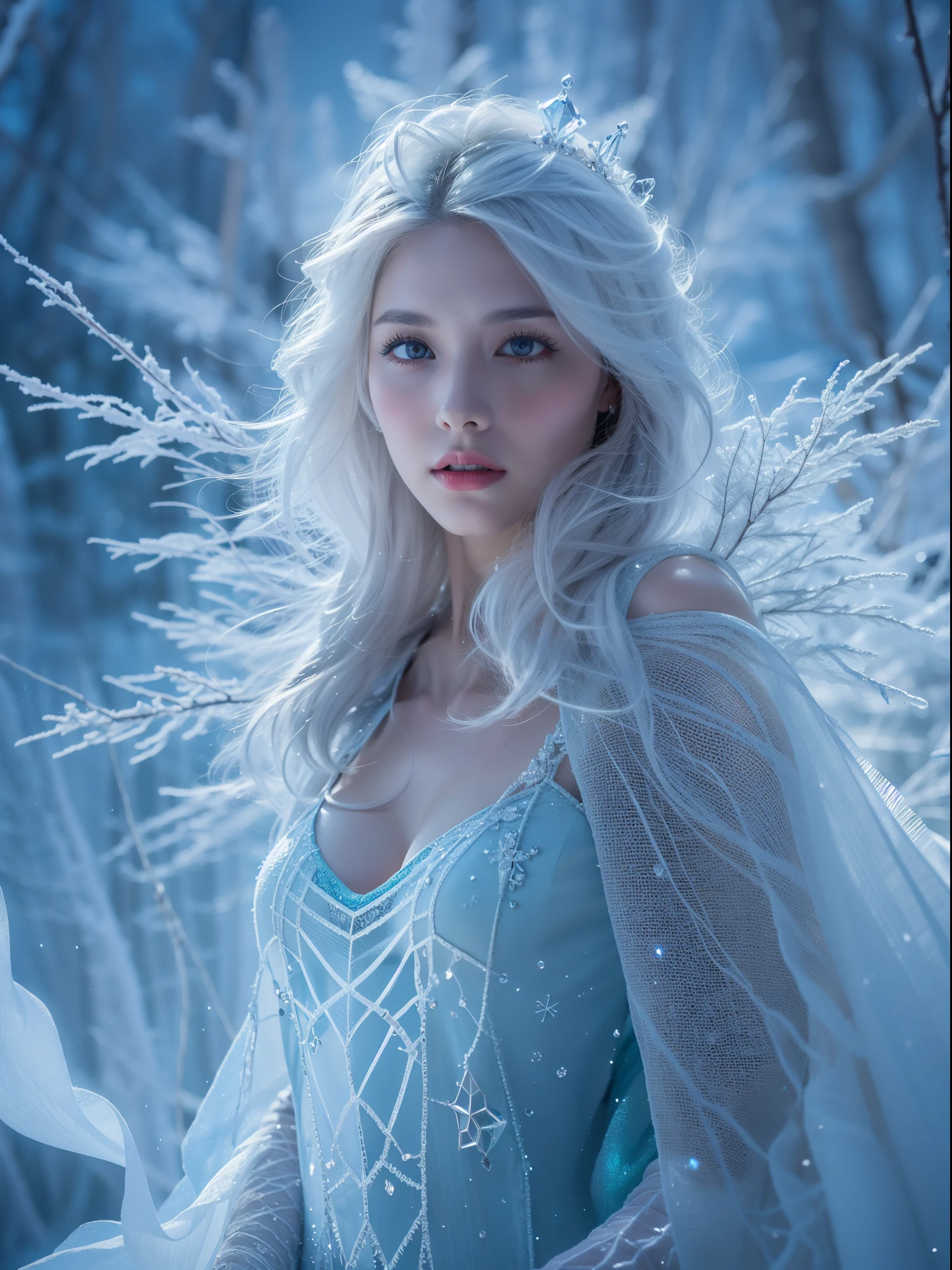 (best quality,4k,8k,highres,masterpiece:1.2),ultra-detailed,(realistic,photorealistic,photo-realistic:1.37),ice rime witch style,icy blue,sparkling snowflakes,frozen landscape,gown made of ice shards,mystical aura,magical ice crystals reflecting light,sharp and piercing gaze,frost-covered eyelashes,elegant and ethereal figure,ice crown on the head,delicate frost patterns on the skin,cold breath visible,icy gusts of wind swirling around,glowing ice magic in the hands,frozen branches reaching out,long silver hair shimmering like ice,eerie and haunting atmosphere,dark and mysterious forest background,moonlight casting an enchanting glow,aurora borealis dancing across the sky,alluring and powerful presence,subtle hints of ancient magic,unearthly beauty,glacial magic swirling around,crystal-clear ice palace,isolated and magical winter realm,frozen rivers and lakes,icy crystals forming intricate patterns,hooded cape flowing in the wind,elegant and graceful movements,icy spikes forming a protective barrier,snow-covered footsteps leading to the unknown,deep blue eyes shining with wisdom and power,chilling yet mesmerizing persona.