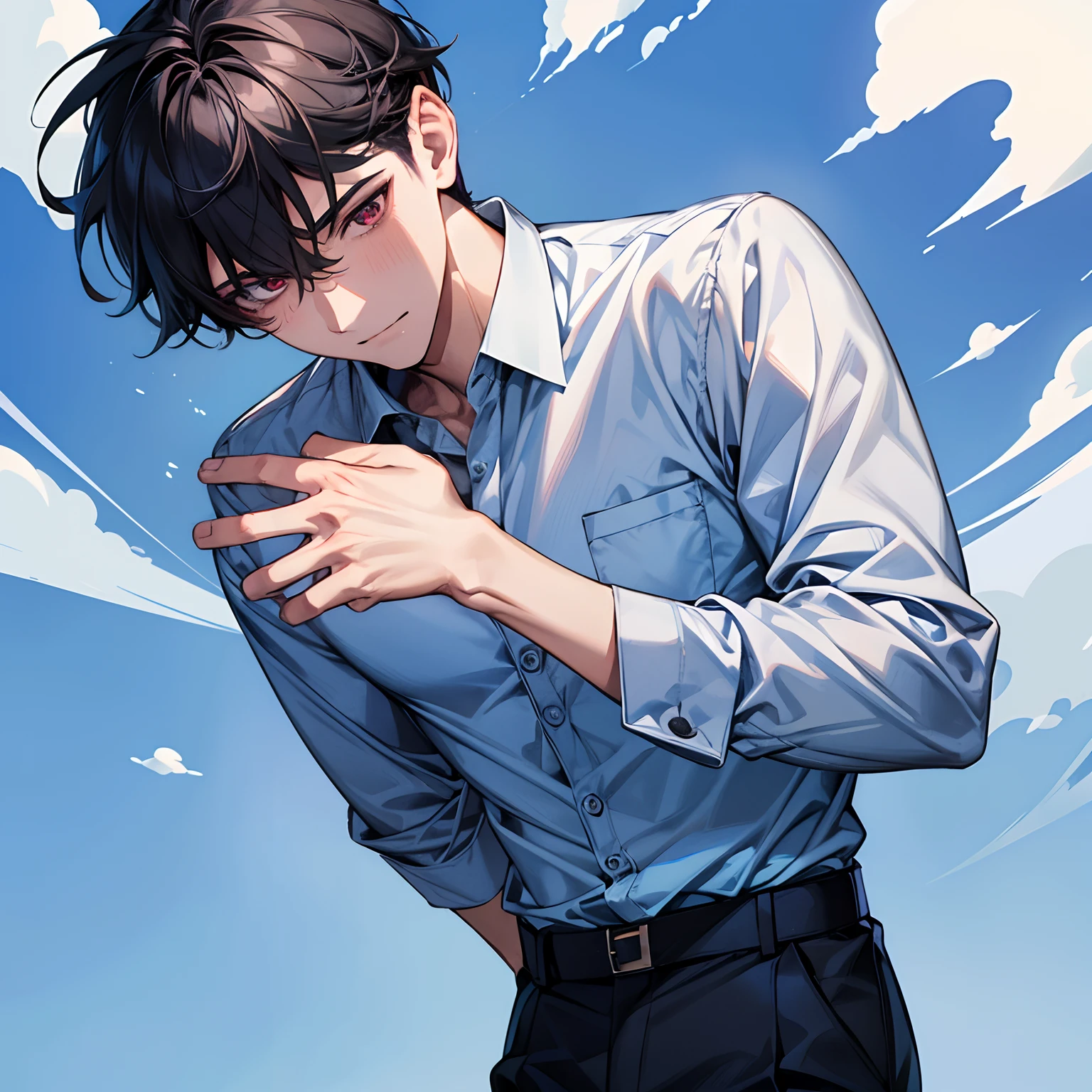 man, Man's, Very mature boy, otoko, Masculine face, manly face, Man's, Face, wearing a light blue shirt, , Buttoned blue shirt, Pokect, Tuck-out shirt blue top, Wearing slacks, Black slacks, Black bottom, la, Royal Blue Strap, Partial body image, Half Capture, 8K、An ultra-high picture quality、white backgrounid、A dark-haired、red eyes、Beautiful crimson eyes