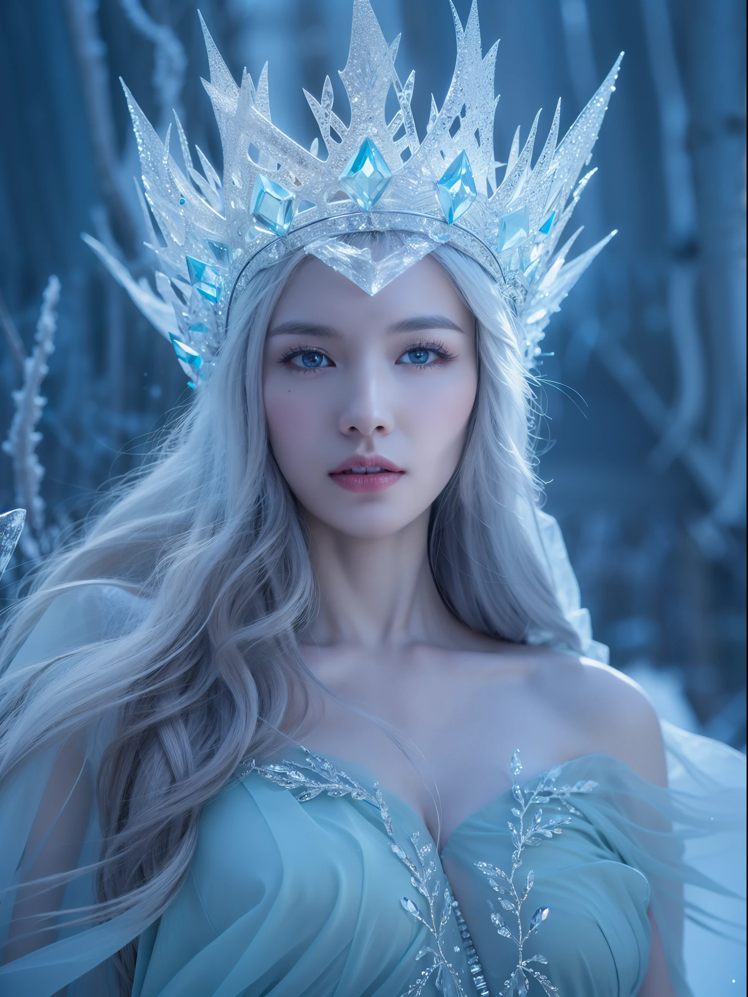 (best quality,4k,8k,highres,masterpiece:1.2),ultra-detailed,(realistic,photorealistic,photo-realistic:1.37),ice rime witch style,icy blue,sparkling snowflakes,frozen landscape,gown made of ice shards,mystical aura,magical ice crystals reflecting light,sharp and piercing gaze,frost-covered eyelashes,elegant and ethereal figure,ice crown on the head,delicate frost patterns on the skin,cold breath visible,icy gusts of wind swirling around,glowing ice magic in the hands,frozen branches reaching out,long silver hair shimmering like ice,eerie and haunting atmosphere,dark and mysterious forest background,moonlight casting an enchanting glow,aurora borealis dancing across the sky,alluring and powerful presence,subtle hints of ancient magic,unearthly beauty,glacial magic swirling around,crystal-clear ice palace,isolated and magical winter realm,frozen rivers and lakes,icy crystals forming intricate patterns,hooded cape flowing in the wind,elegant and graceful movements,icy spikes forming a protective barrier,snow-covered footsteps leading to the unknown,deep blue eyes shining with wisdom and power,chilling yet mesmerizing persona.