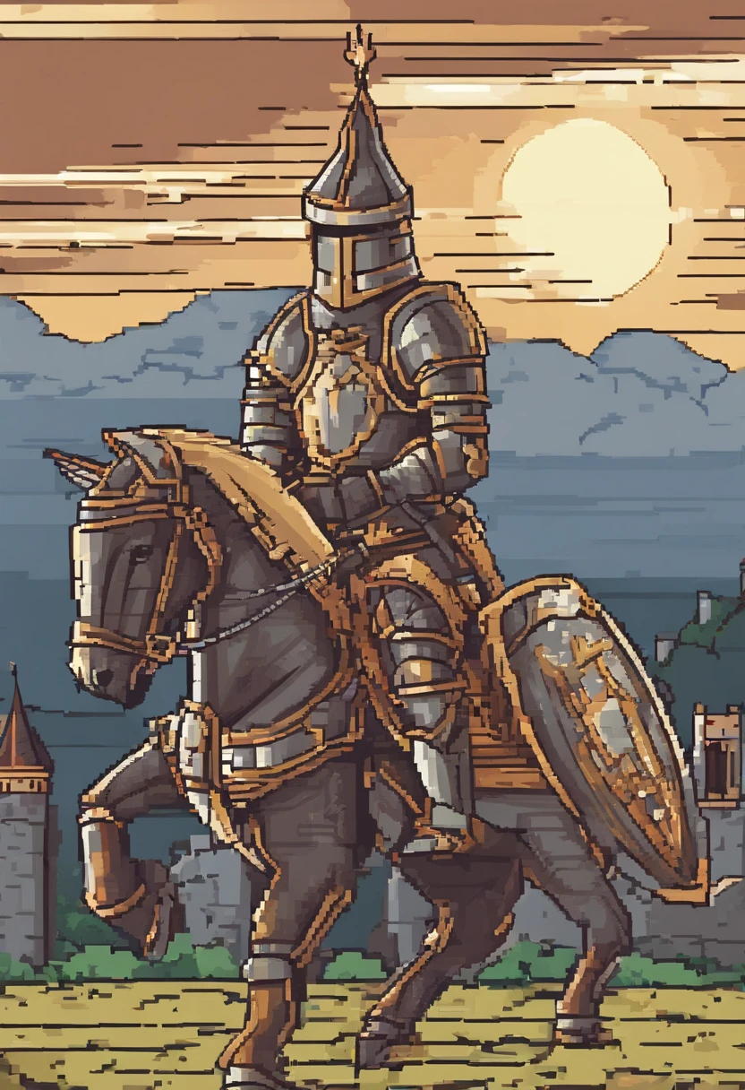 (a knight in medieval),armor,castle,fierce battle,horse,shining sword,shield,flag,helmet,courageous warrior,chainmail suit,heavy armor,brave knight,galloping,defending the kingdom,castle walls,armor glare,clashing swords,shield emblem,proud knight,coat of arms,medieval battlefield,majestic castle,medieval knight on horseback,sun setting behind the castle,determination in his eyes,medieval warrior charging into battle,heroic deeds,exquisite knightly armor,heroic pose,medieval fortress,medieval landscape,banner flying high in the wind,valor,loyalty,dark clouds looming over the battlefield,dusty war scene,medieval weaponry,gleaming armor,medieval architecture,medieval siege,lone knight standing tall,castle courtyard with knights training,medieval jousting tournament,fearless knight,shining armor reflecting sunlight,medieval heraldry,luxurious medieval banquet hall.