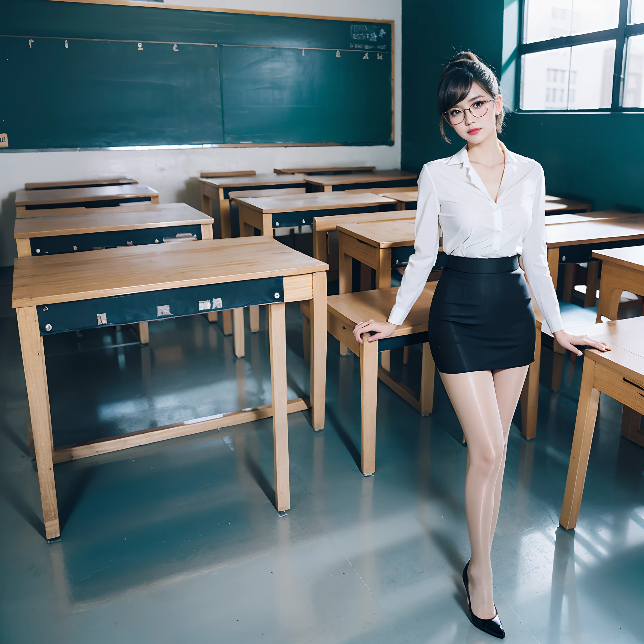 Heavy makeup，8K，Long legs，mature，ear studs，stiletto，are standing，In the classroom，In the daytime，White shirt，Skirt that wraps hips，Flesh-colored pantyhose，Single ball hairstyle，wears glasses