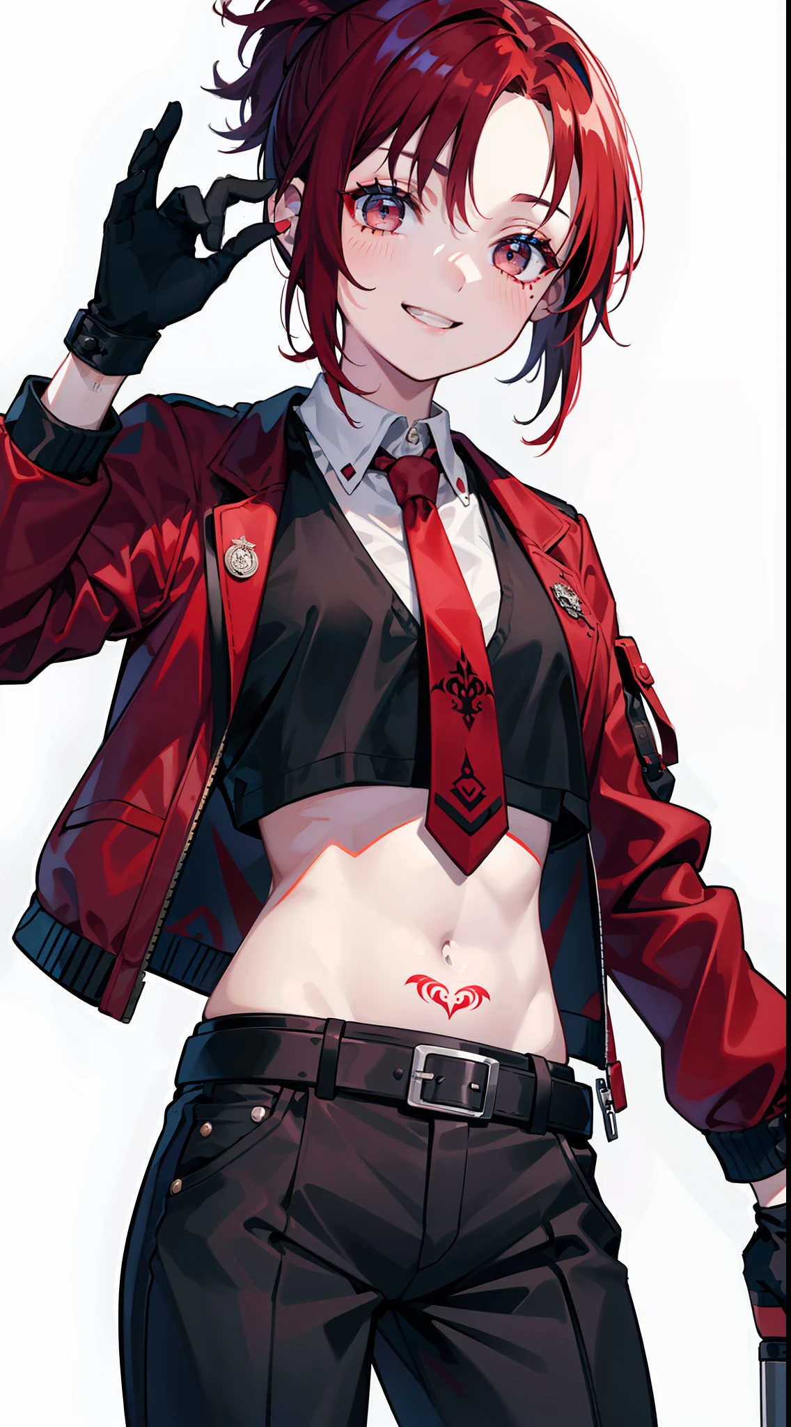young girl, Short black and red hair, high ponytail, gray eyes, Smile, open belly, black trousers, red jacket, tie, belts, fetters, Tatoo, iron gloves, face tattoos, Masterpiece, hiquality, 4k, HD, Good detail