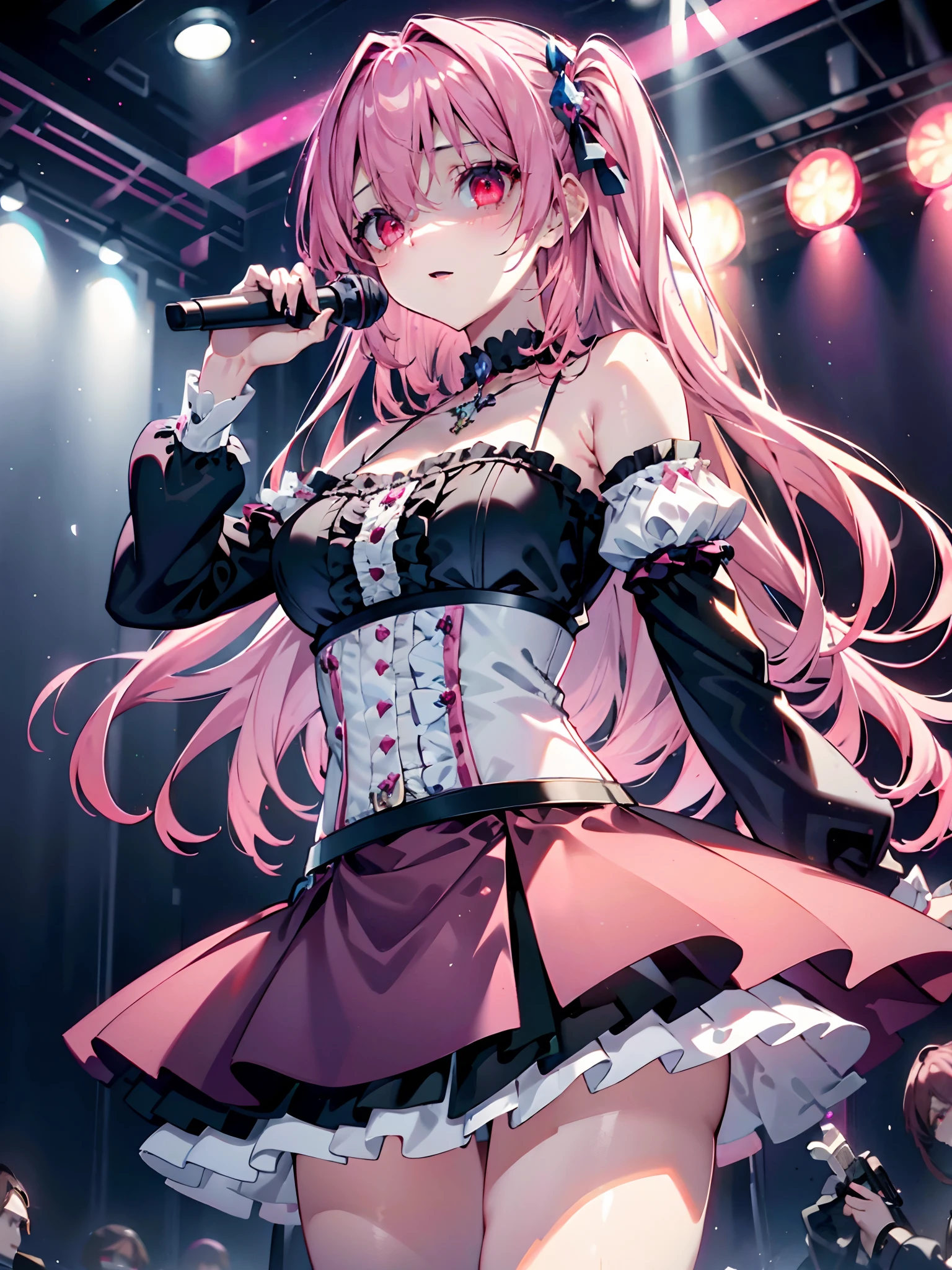 illustratio、Cinematic Light、hight resolution、best qualtiy、ultra-detailliert、A detailed face、(A detailed eye)、top-quality、ultra-detailliert、masterpiece, shadow in eyes、creepy mile、a choker、D-cups、high-heels、red eyes、pink hair color、Neon small shiny hair ends、a frilled miniskirt、AI Fantasy Concert、Shining lighting with neon details、Hold the microphone with your left hand and sing:15、(Live Stage:1.15)To the background audience、light reflections、lolita style