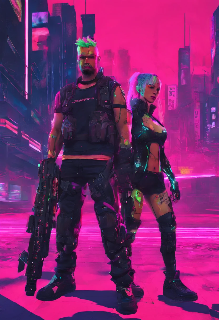 postapocalypse, two soldiers, cybernetics, attractive, male and female, short hair, mohawks, athletic supersoldiers, desert wasteland, grimdark, dystopian, post-cyberpunk, cinematic