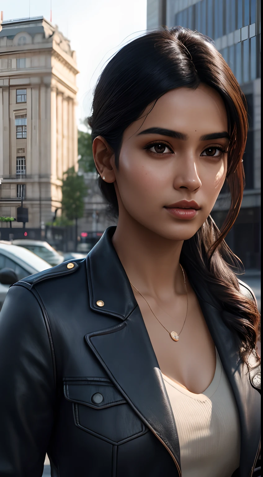 young Indian woman , 27-year-old, detective, wearing business casual London outfit with badge and gun , gentle lighting, intricate facial details, flawless complexion, top-notch 3D rendering, hyper-realistic, shot in front of London building . photorealistic digital art trending on Artstation 8k HD high definition detailed realistic, detailed, skin texture, hyper detailed, realistic skin texture, armature, best quality, ultra high res, (photorealistic:1.4),, high resolution, detailed, raw photo, 400 camera f1.6 lens rich colors hyper realistic lifelike texture dramatic lighting unrealengine trending on artstation cinestill 800