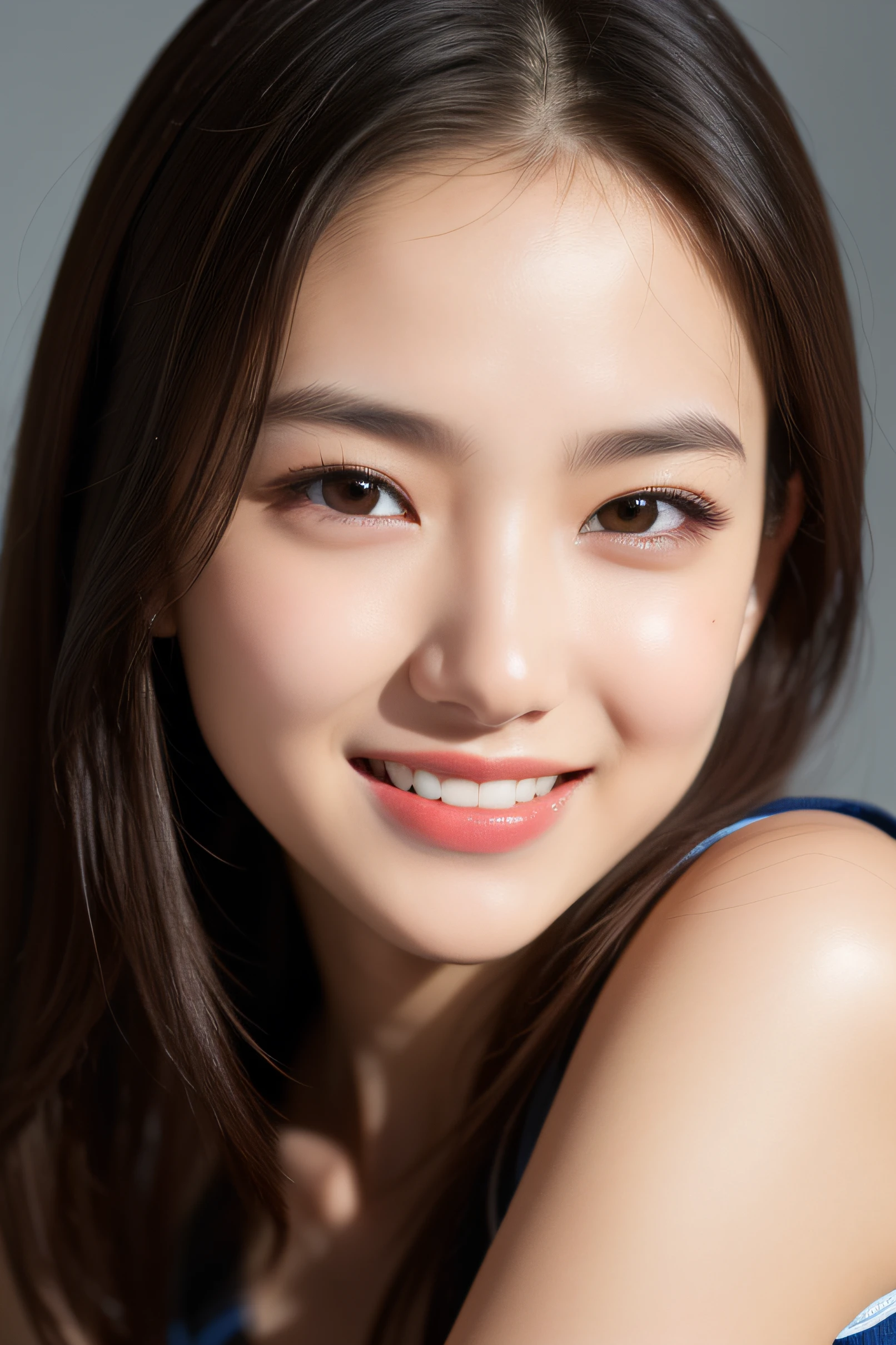 realistic photos of 1 cute Korean star, straight hair, white skin, thin makeup, 32 inch breasts size, slightly smile, wearing purple tank top, in running track, with crowded, close-up portrait, UHD