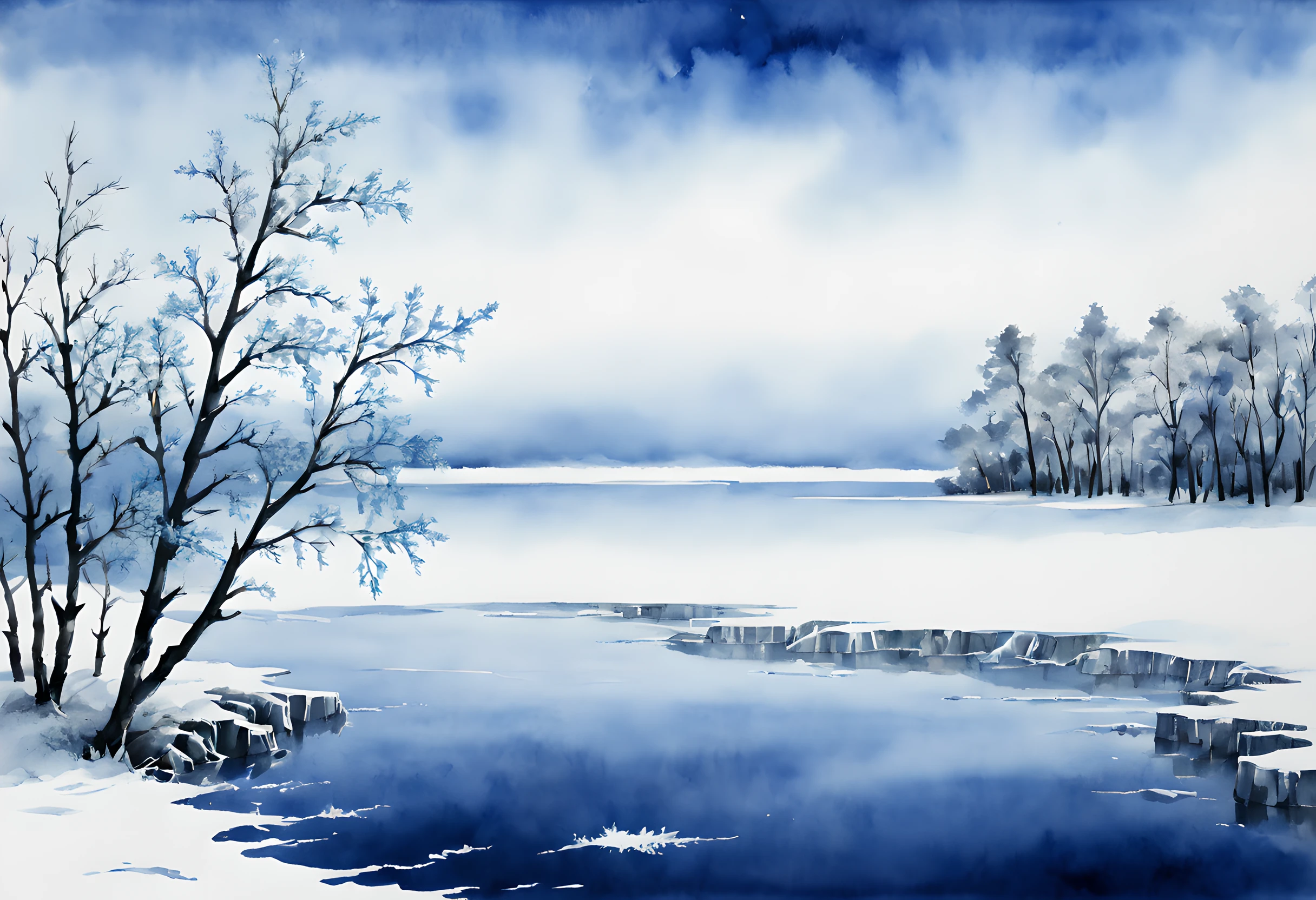 (ink and watercolor painting:1.5), (Landscape painting:1.5), (Tasteful:1.5), (lake:1.5), (tree:1.5), (ink and watercolor painting:1.5), (Chinese style:1.5), (rime ice:1.5), (rime ice:1.5), (ice crystals:1.5), (rime ice covered the trees:1.5), (frozen trees:1.5), (frozen lake:1.5), (white rime ice and blue sky morning theme:1.5), (hokkaido:1.5),