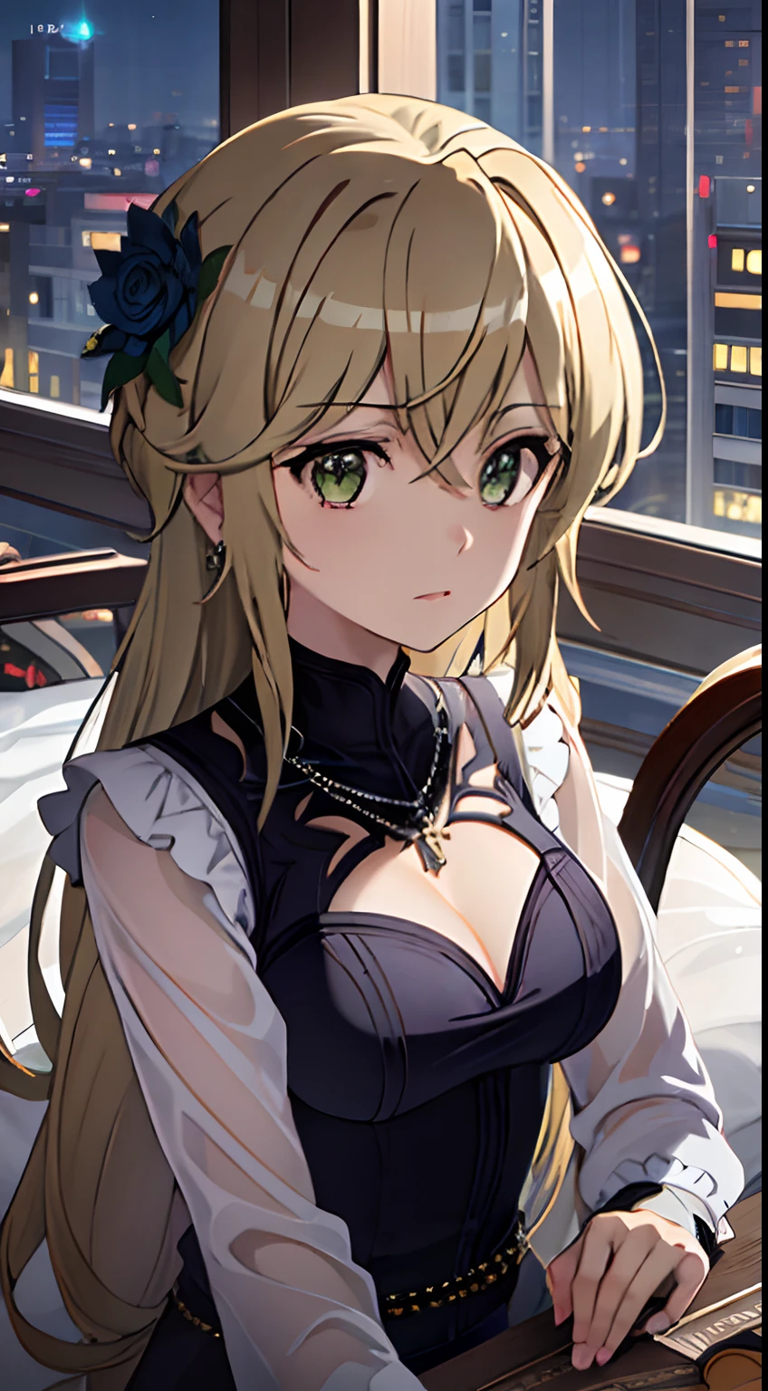 ((masterpiece, best quality)), highres, highest quallity, illustration, cinematic light, ultra detailed, detailed face, (detailed eyes), best quality, hyper detailed, masterpiece, (detailed face), large breasts, hair ornament, earrings, necklace, portrait, silver dress, revealing clothes,highest details, luminous eyes, (hotel:1.2), sitting in bed, sitting, bed, window, night sky, backlighting, light rays, (high contrast), (colorful),