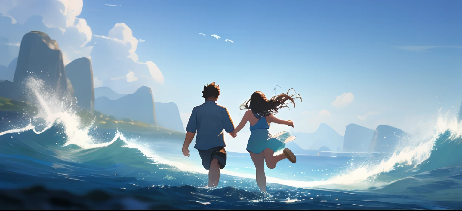 Man and woman running hand in hand、Magic Island