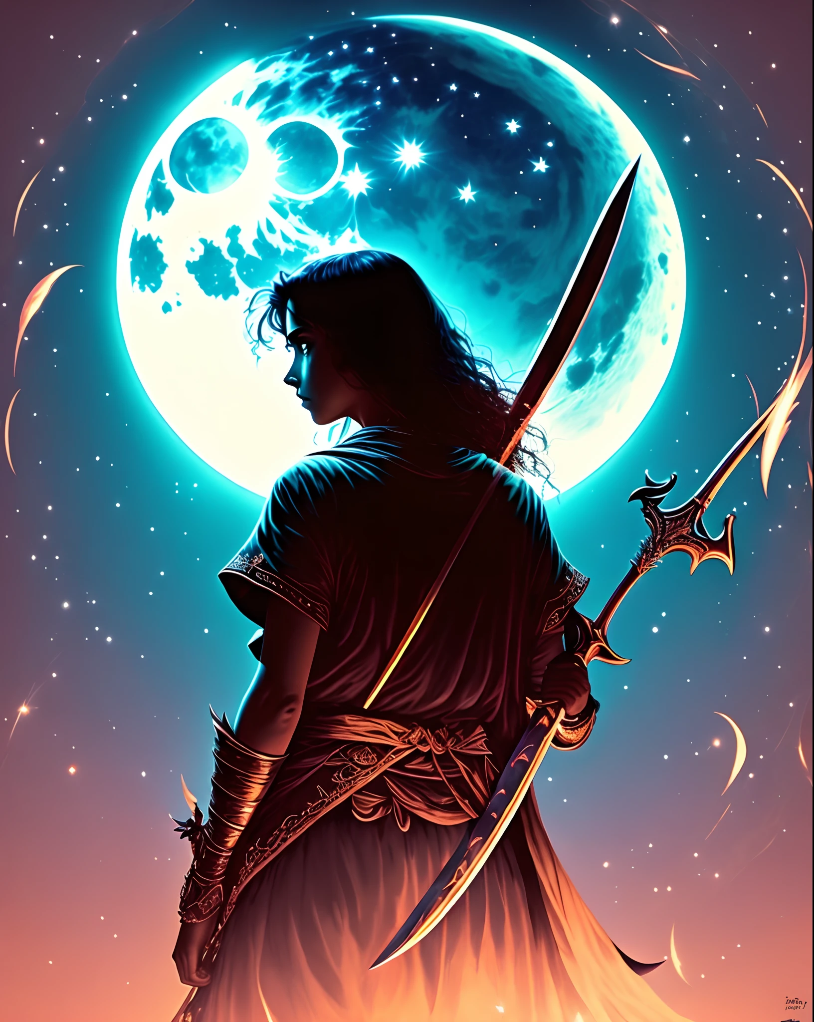 A lua 🌙 a noite com a sombra de um guerreiro com espada olhando para ela