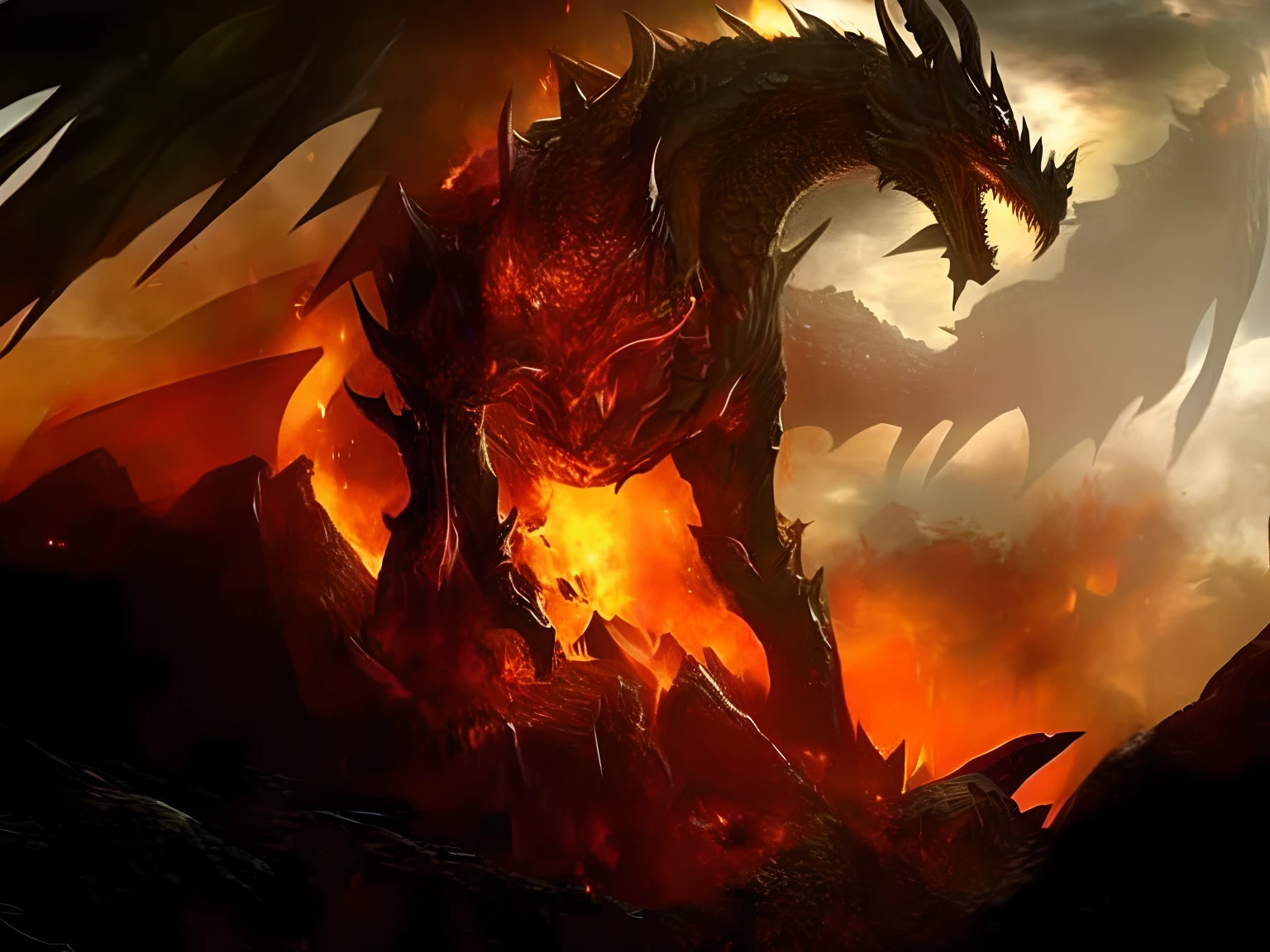 A closeup of a dragon with a fire in the background, the devil in hell as a dragon, Alduin, dragon breathing fire, fire dragon, dragon made out of molten lava, epic dragon, ''dragon breathing fire, fire flaming dragon serpent, Ancalagon o Preto, Asa da Morte, dragon blowing fire above, art of dragon, Drogon, dragon in the background