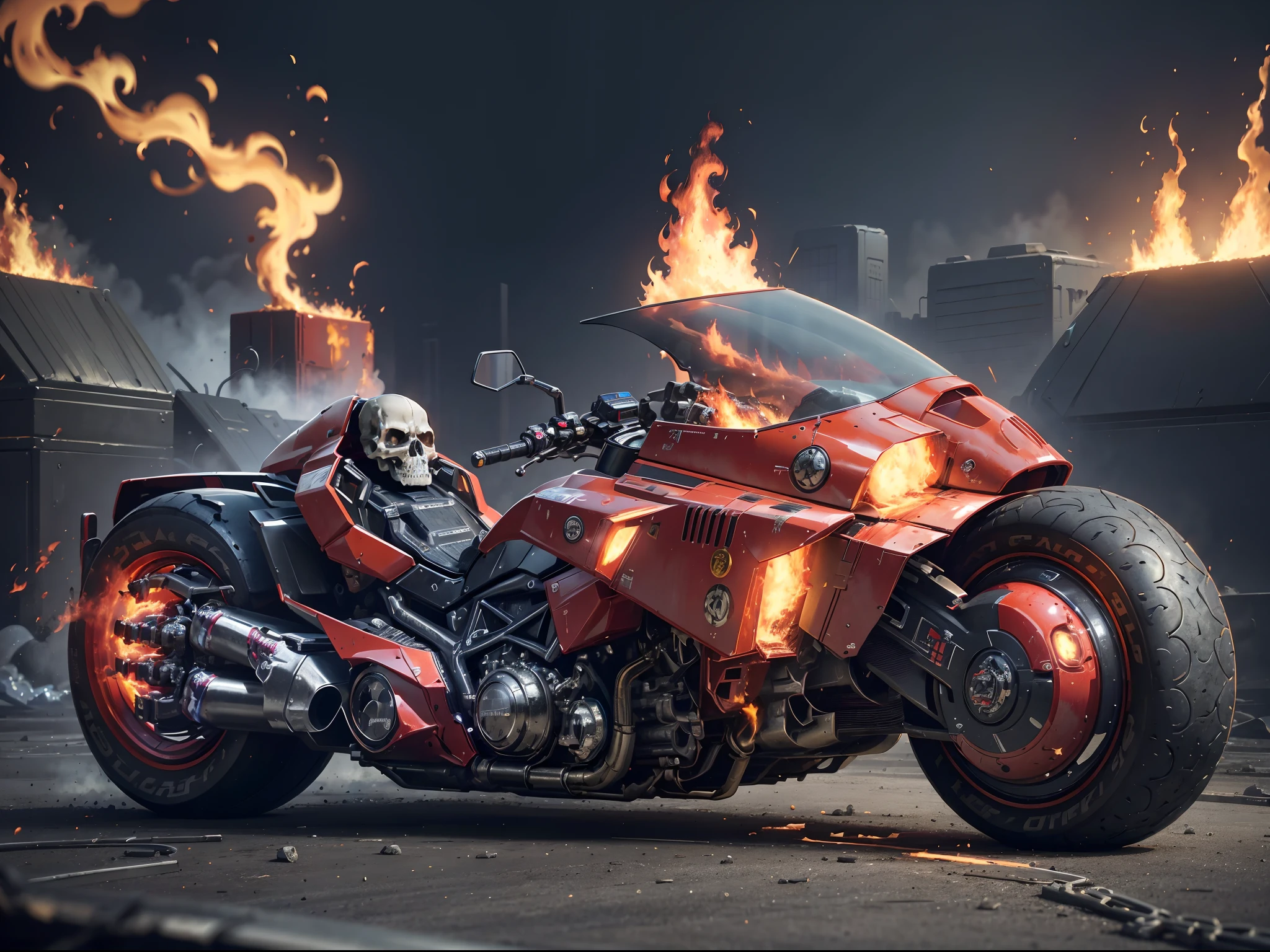 (offcial art, Unity 8k wallpaper, Ultra-detailed, Beautiful, Masterpiece, Best quality, 1.4x more realistic), (Ghost Rider, skull: 1.5), There was a fire in his eyes, The corpse was wrapped in burning chains, Titanium chains and the future technology of motorcycles, Icy bodywork, Ghost Rider rides a futuristic black motorcycle, Gallop on a burning fire, The entire motorcycle caught fire and burned down, fire element, Composed of fire elements, volcanoes, Burning cyberpunk cityscape, Armageddon, Epic screen, Anatomically correct, Textured skin.