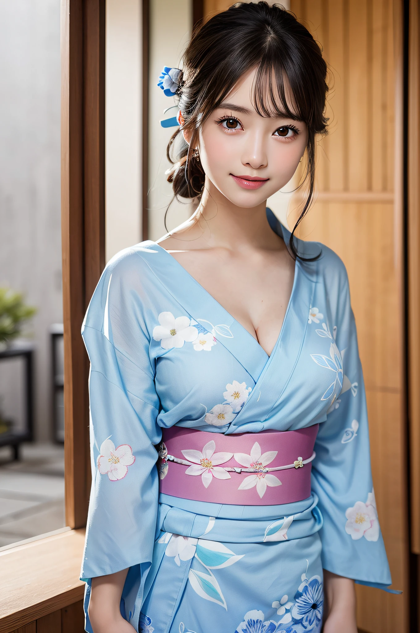(1young girl), Extremely cute face, Amazing face and eyes, (Highly detailed eyes, Highly detailed face), fresh, Very clean appearance, (Hyper-realistic, hight resolution), (Best Quality:1.4), Raw photo, (Realistic, Photorealsitic:1.37), Professional Photography, (light blue floral pattern yukata:1.5), (Open yukata), (cleavage:1.2), (Bare shoulders), Smile slightly, (Staring at me), Bedroom, girl portrait,