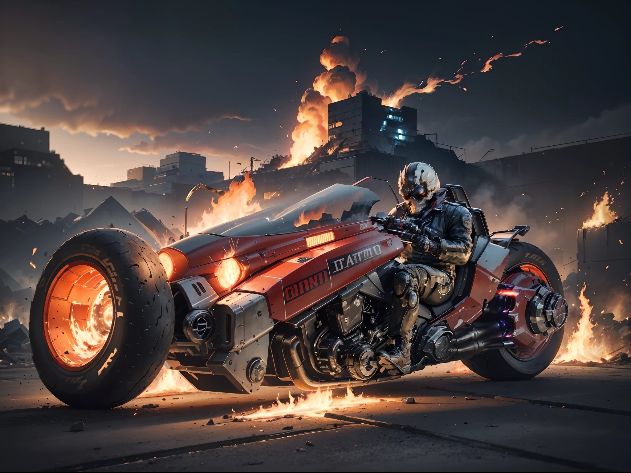 (offcial art, Unity 8k wallpaper, Ultra-detailed, Beautiful, Masterpiece, Best quality, 1.4x more realistic), (Ghost Rider, skull: 1.5), There was a fire in his eyes, The corpse was wrapped in burning chains, Titanium chains and the future technology of motorcycles, Icy bodywork, Ghost Rider rides a futuristic black motorcycle, Gallop on a burning fire, The entire motorcycle caught fire and burned down, fire element, Composed of fire elements, volcanoes, Burning cyberpunk cityscape, Armageddon, Epic screen, Anatomically correct, Textured skin.